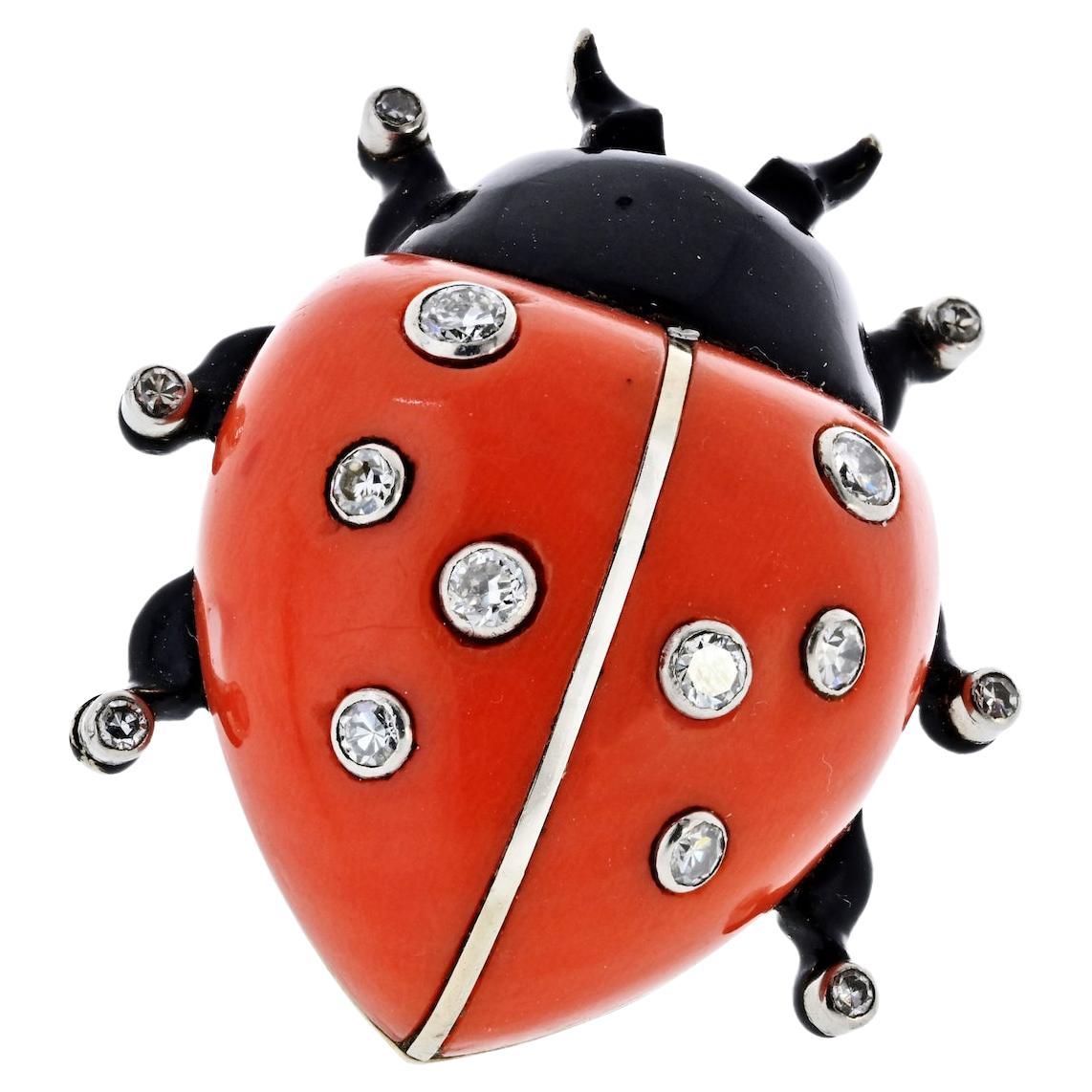 Cartier 18K White Gold Ladybug Clip Pin 1930's Diamond Brooch