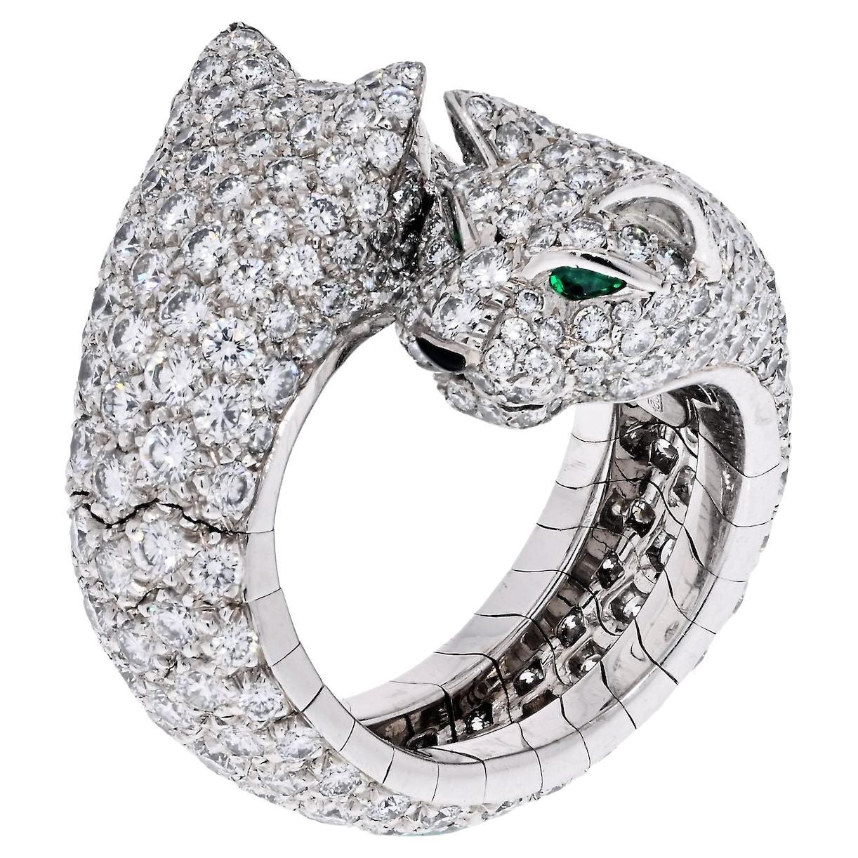 Cartier 18 Karat Weißgold Lakarda Doppelter Pantherkopf gepflückter Diamantring im Angebot