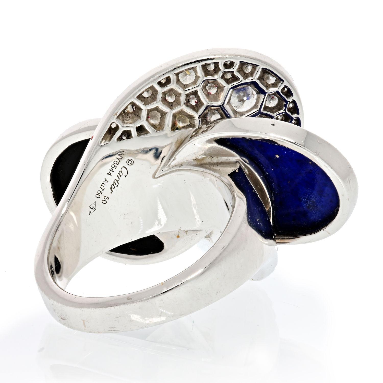 Cartier 18K White Gold Lapis Lazuli, Onyx and Diamond Ring In Excellent Condition For Sale In New York, NY