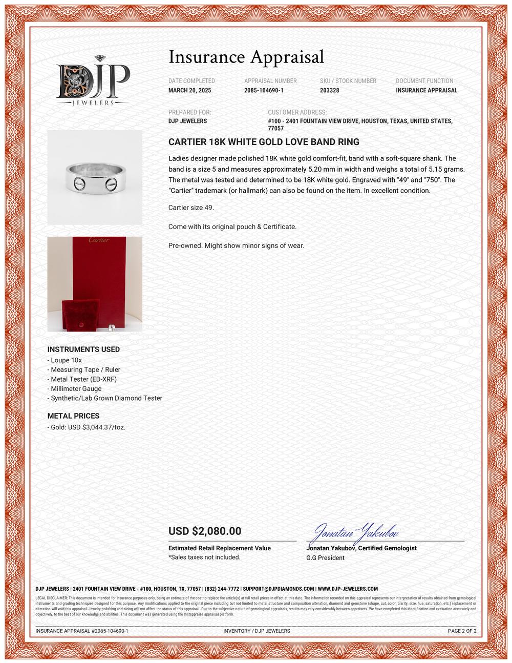 Cartier 18K White Gold Love Band Ring 4