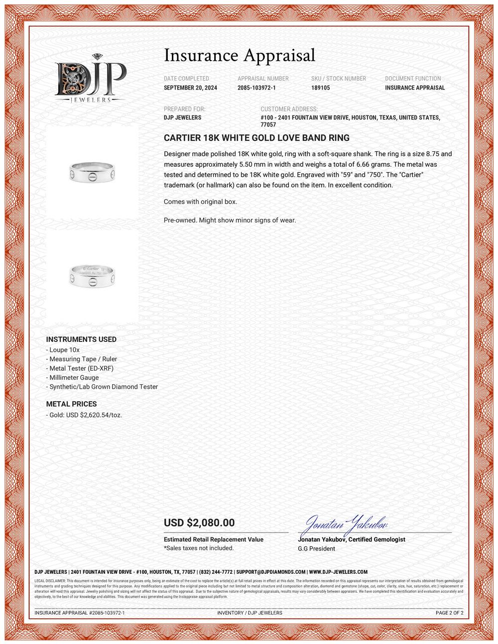 Cartier 18K White Gold Love Band Ring 5
