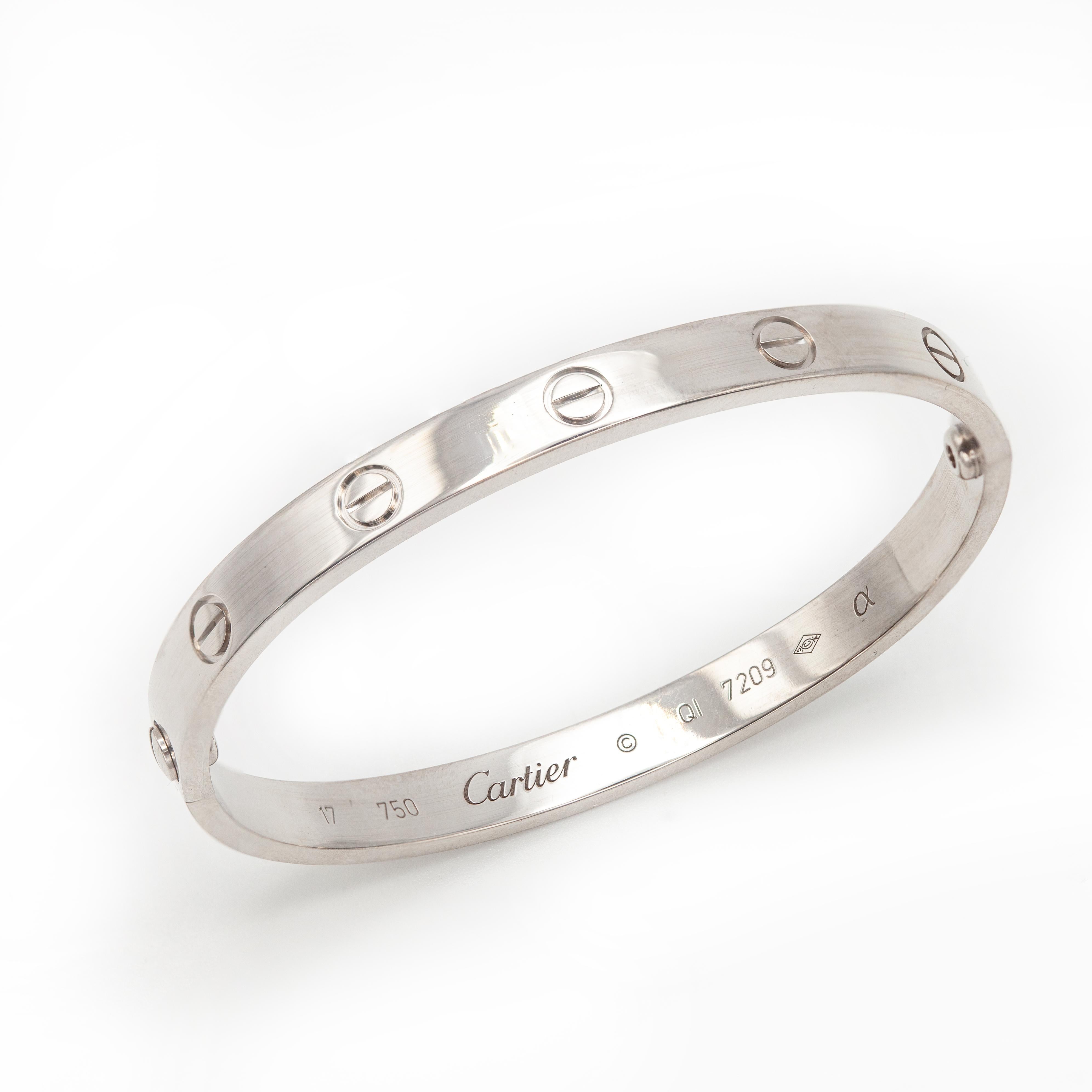 Cartier 18K White Gold Love Bangle Bracelet – With Certificate & Sales Receipt In Excellent Condition For Sale In New York, NY