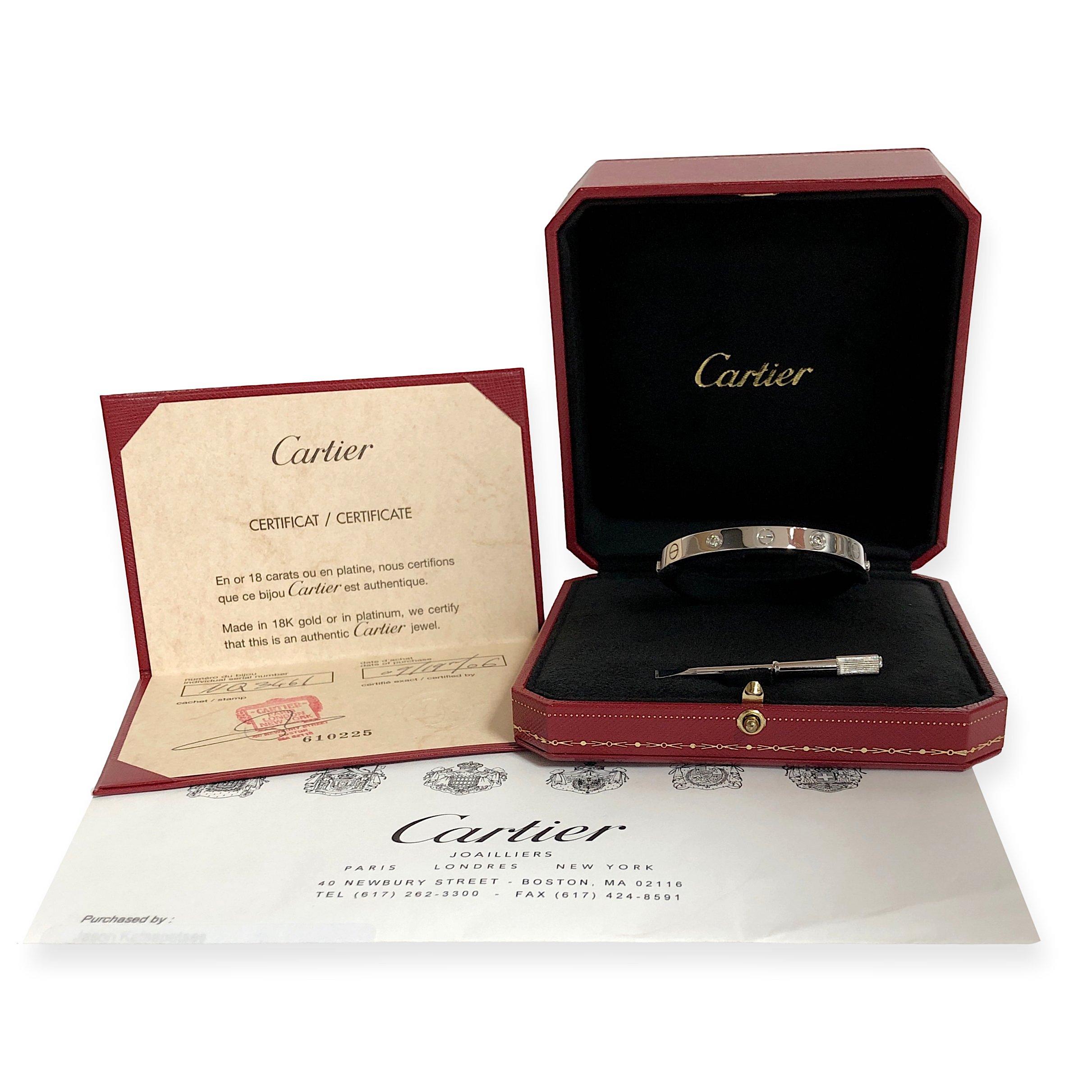 Round Cut Cartier 18k White Gold Love Bracelet Bangle 4 Diamonds For Sale