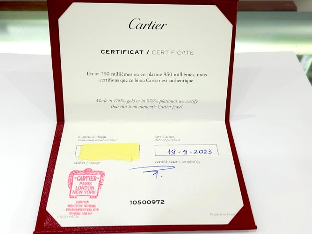 A child of the 1970's New York, the LOVE collection remains today an iconic symbol of love that transgenders convention. 
Complete with box and papers 
Never polished 
 
Brand= Cartier
Model= Love
Serial# VD0XXX
Metal= 18K White Gold 
Hallmark=