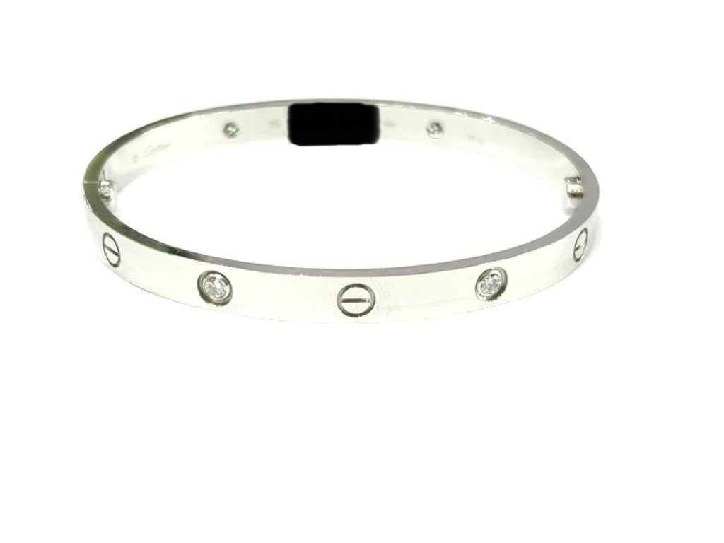 Round Cut Cartier 18K White Gold Love Bracelet Classic Model 4 Diamonds B&P For Sale