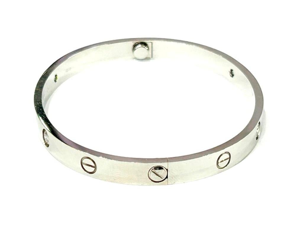 Cartier 18K White Gold Love Bracelet Classic Model 4 Diamonds B&P In Good Condition For Sale In Beverly Hills, CA
