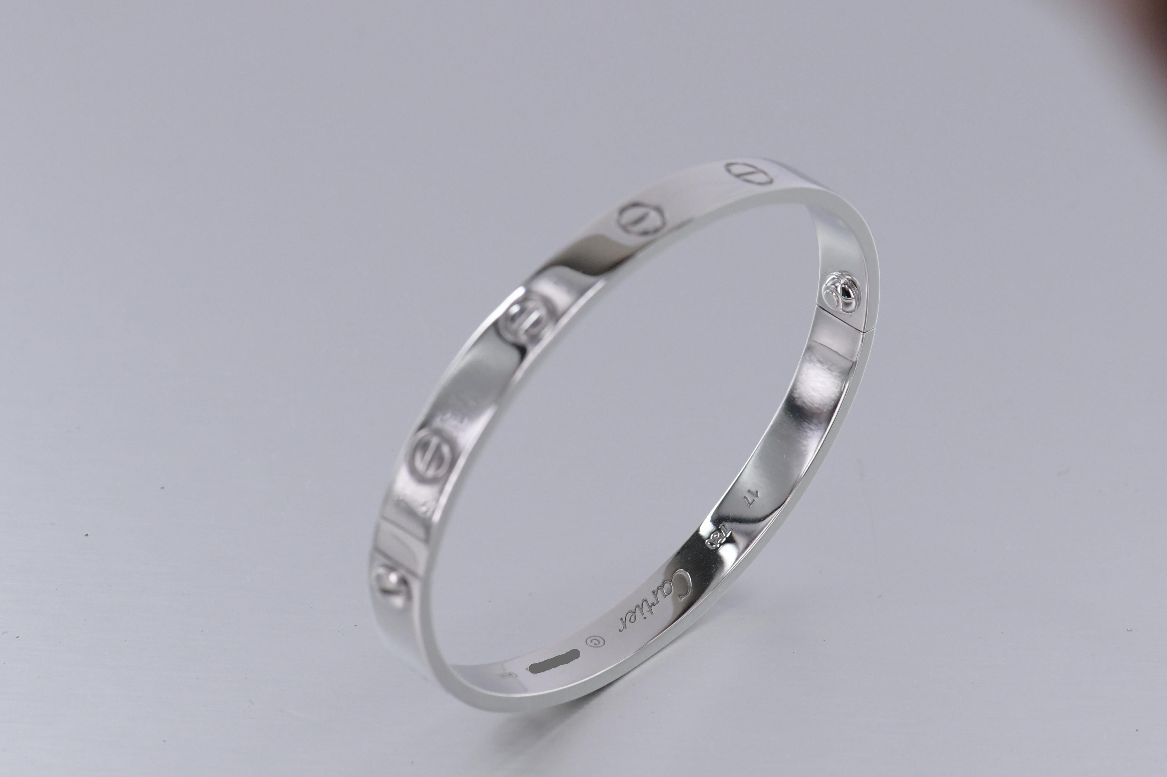 Cartier 18K White Gold Love Bracelet Size 17 In Excellent Condition In Banbury, GB