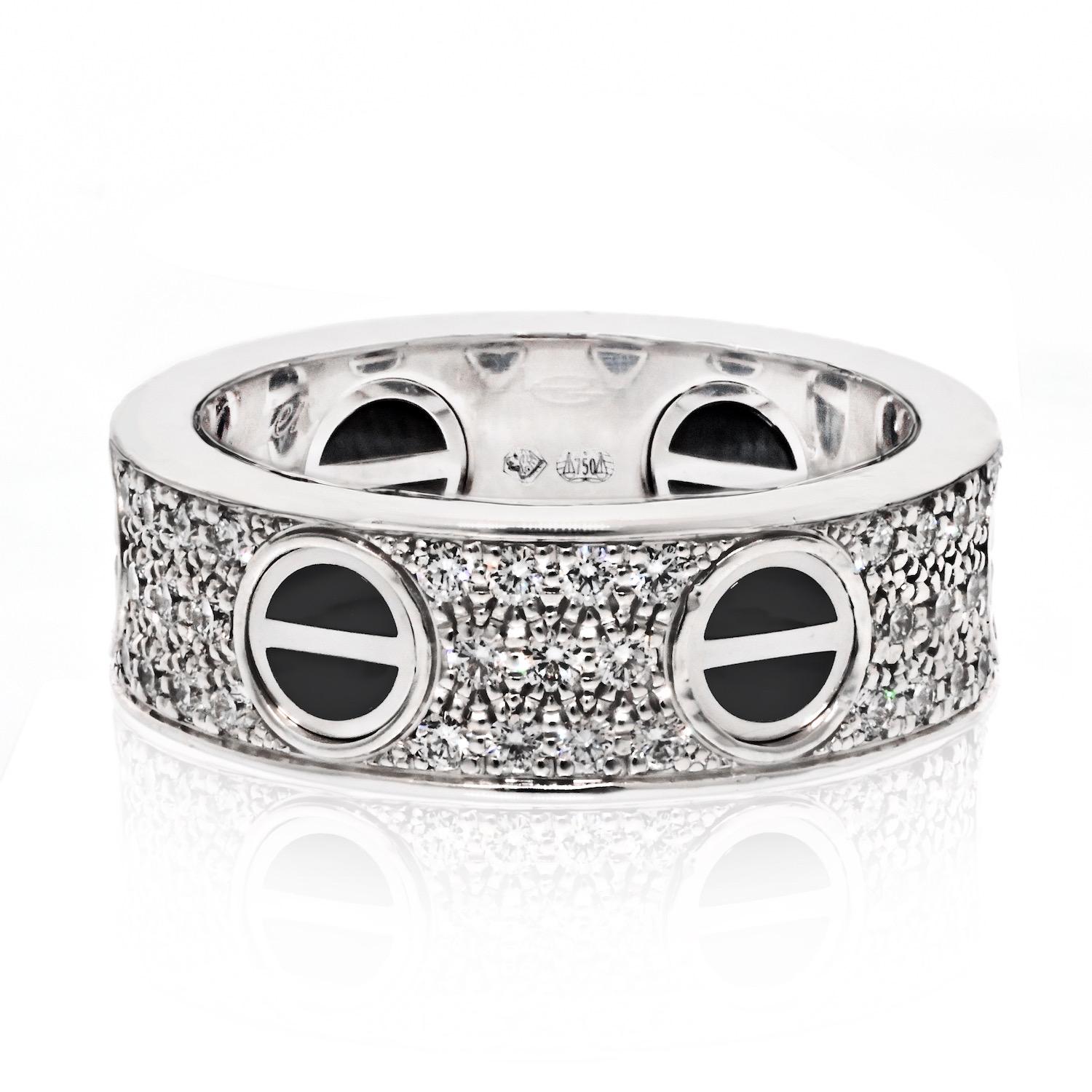 Discover the timeless elegance of the Cartier 18K White Gold Love Ring, featuring striking black ceramic accents. Sized at EU 49 (US 5.25), this iconic piece from Cartier’s renowned Love collection is a true symbol of eternal love and
