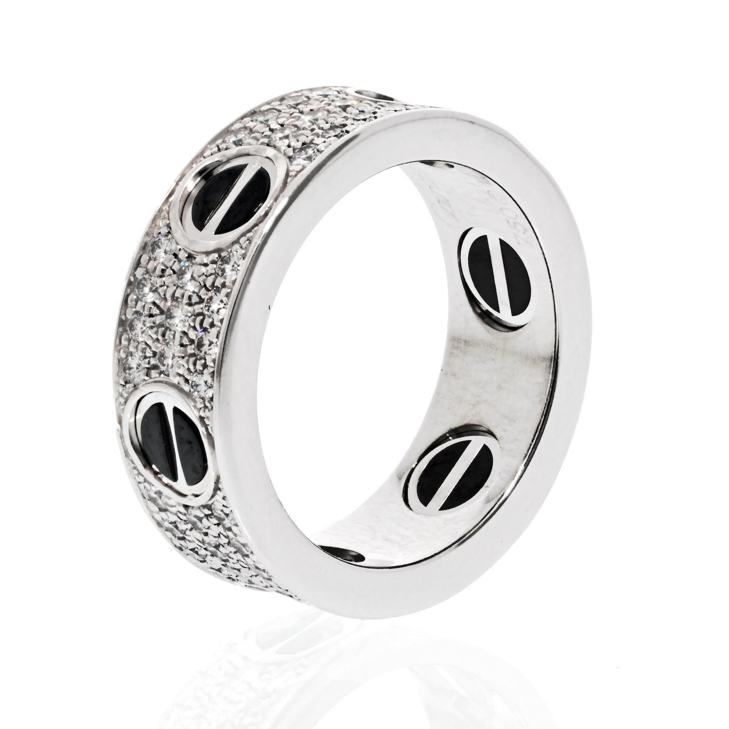 Round Cut Cartier 18K White Gold Love Diamond Ceramic EU 49 Ring For Sale