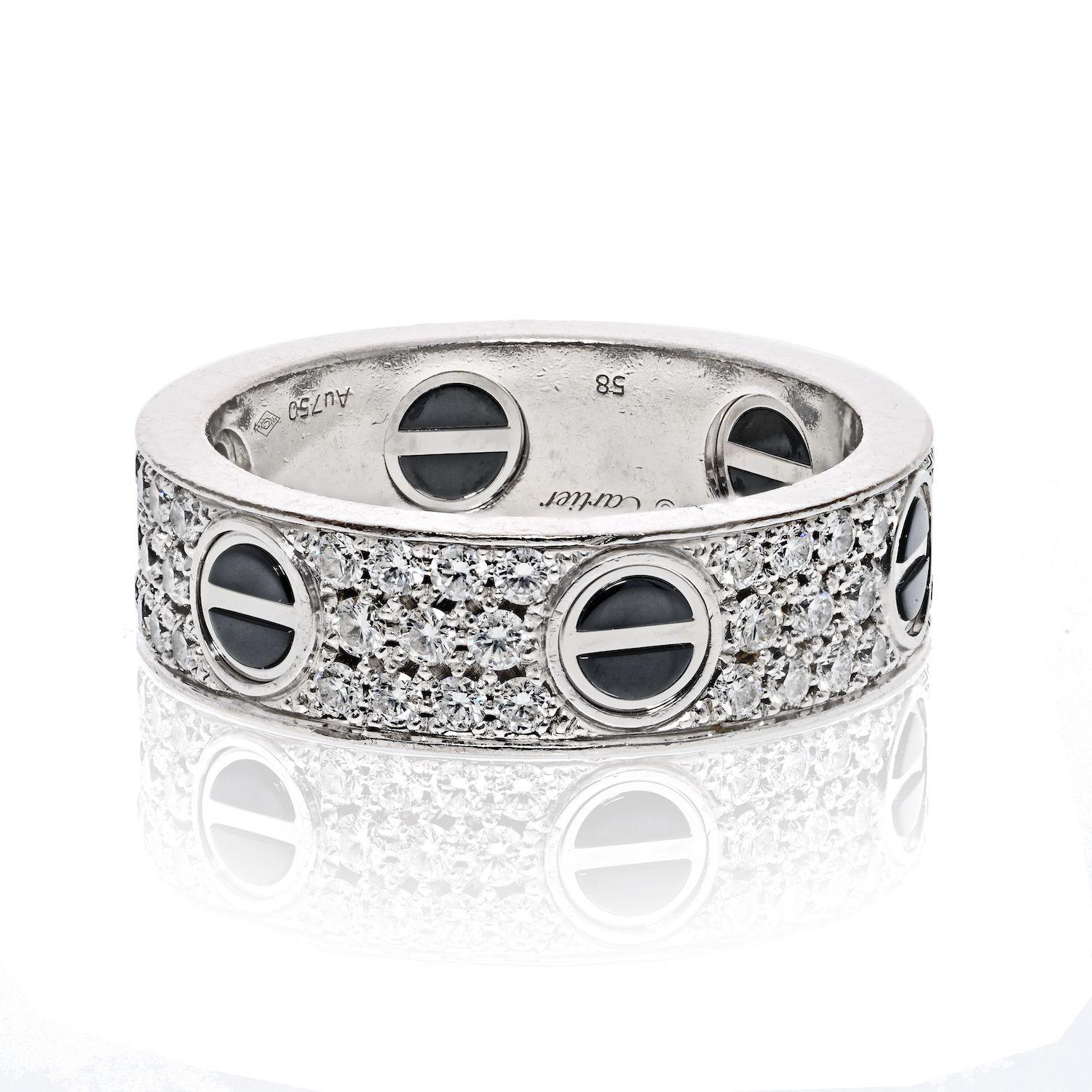 The pre-loved Cartier Love Ceramic Ring is a stunning piece of jewelry that exudes elegance and sophistication. Crafted in 18K white gold (750/1000) and black ceramic, it seamlessly combines luxurious materials for a striking contrast. This LOVE