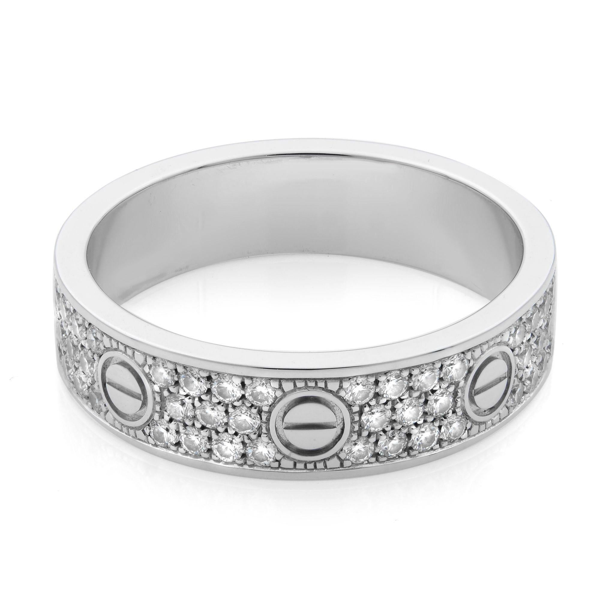 Cartier Love wedding band, 18K white gold, pave set with 88 brilliant-cut diamond totaling 0.31 carats. These rings are usually 4mm to 5mm width following sizes. This specific ring is 4.80mm. Ring size 53 US 6.25. Excellent pre-owned condition,