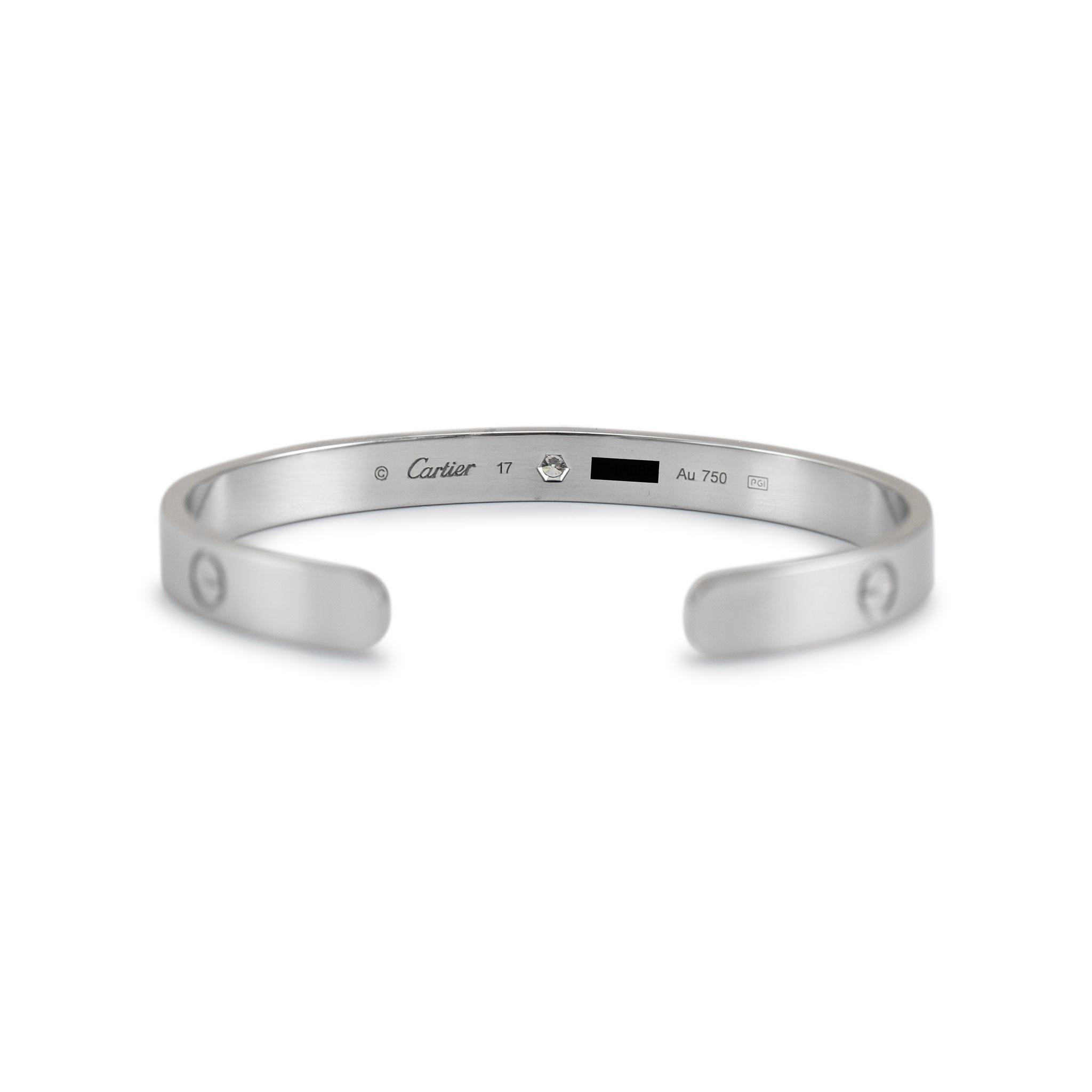 Round Cut Cartier 18K White Gold Love One Diamond Cuff Bracelet