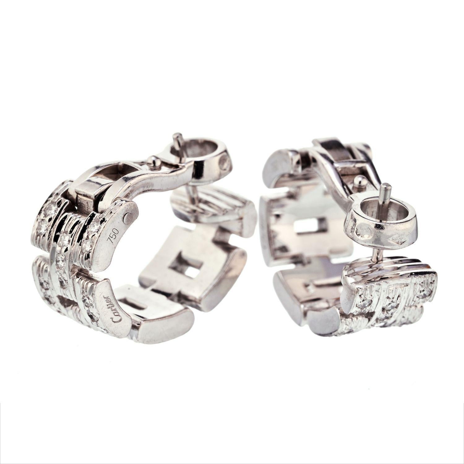 Round Cut Cartier 18K White Gold Maillon Diamond Huggie Earrings