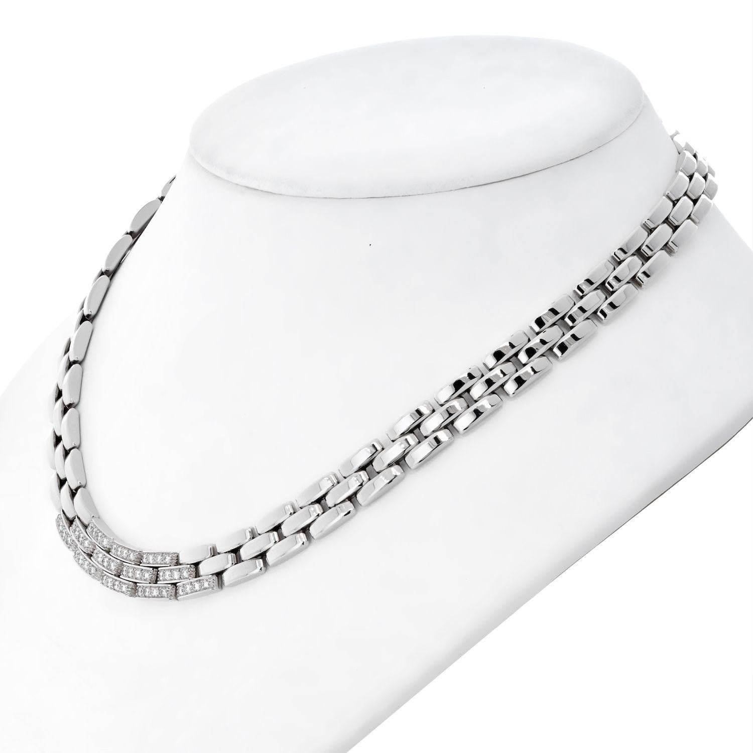 A beautiful 18k white gold diamond necklace from the Cartier Maillon collection. The necklace is composed of plain 18k white gold links of the iconic Maillon brick link design, complemented by a pave set diamond intersection set to the front