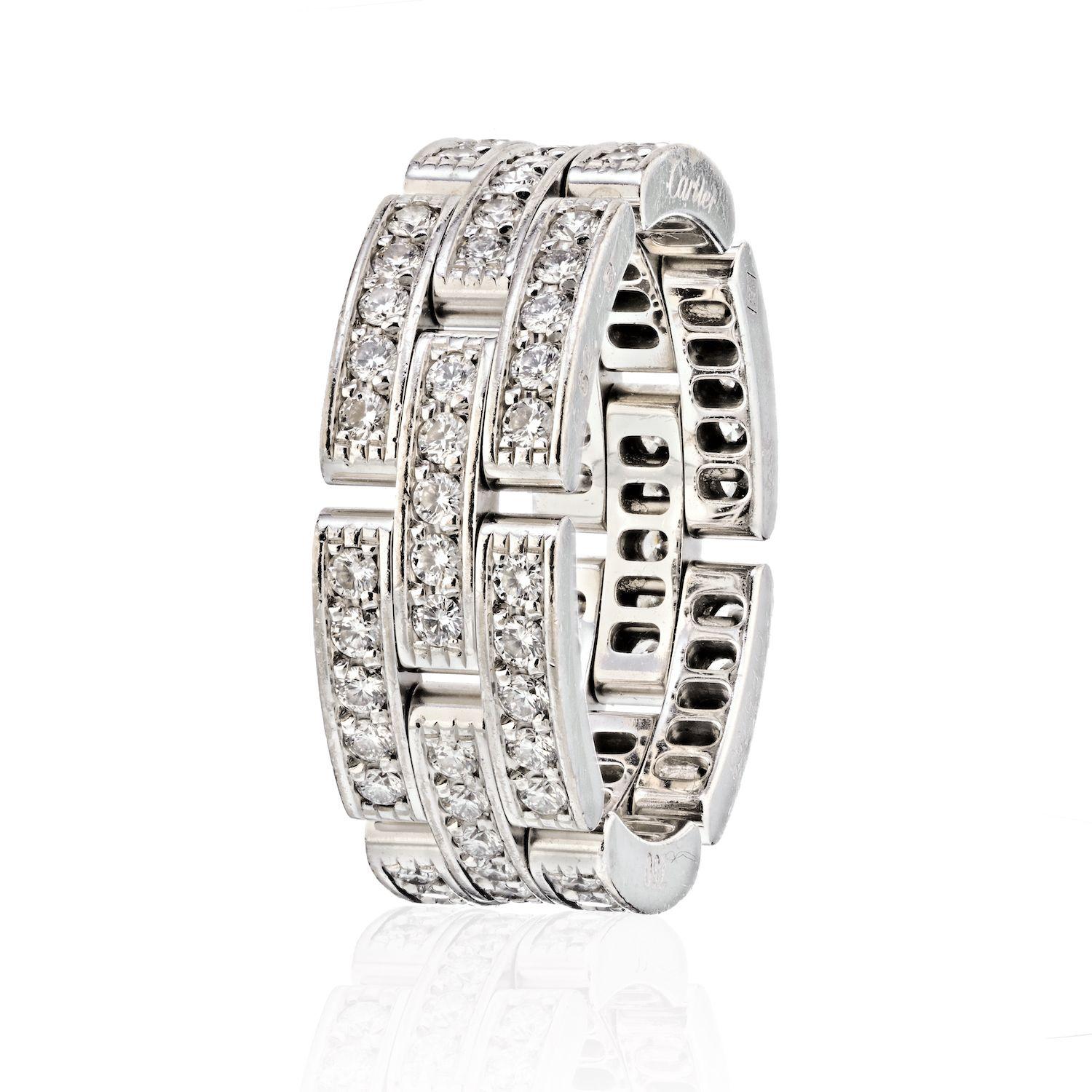 Cartier 18K White Gold Maillon Panthere Three Diamond Row Ring In Excellent Condition For Sale In New York, NY