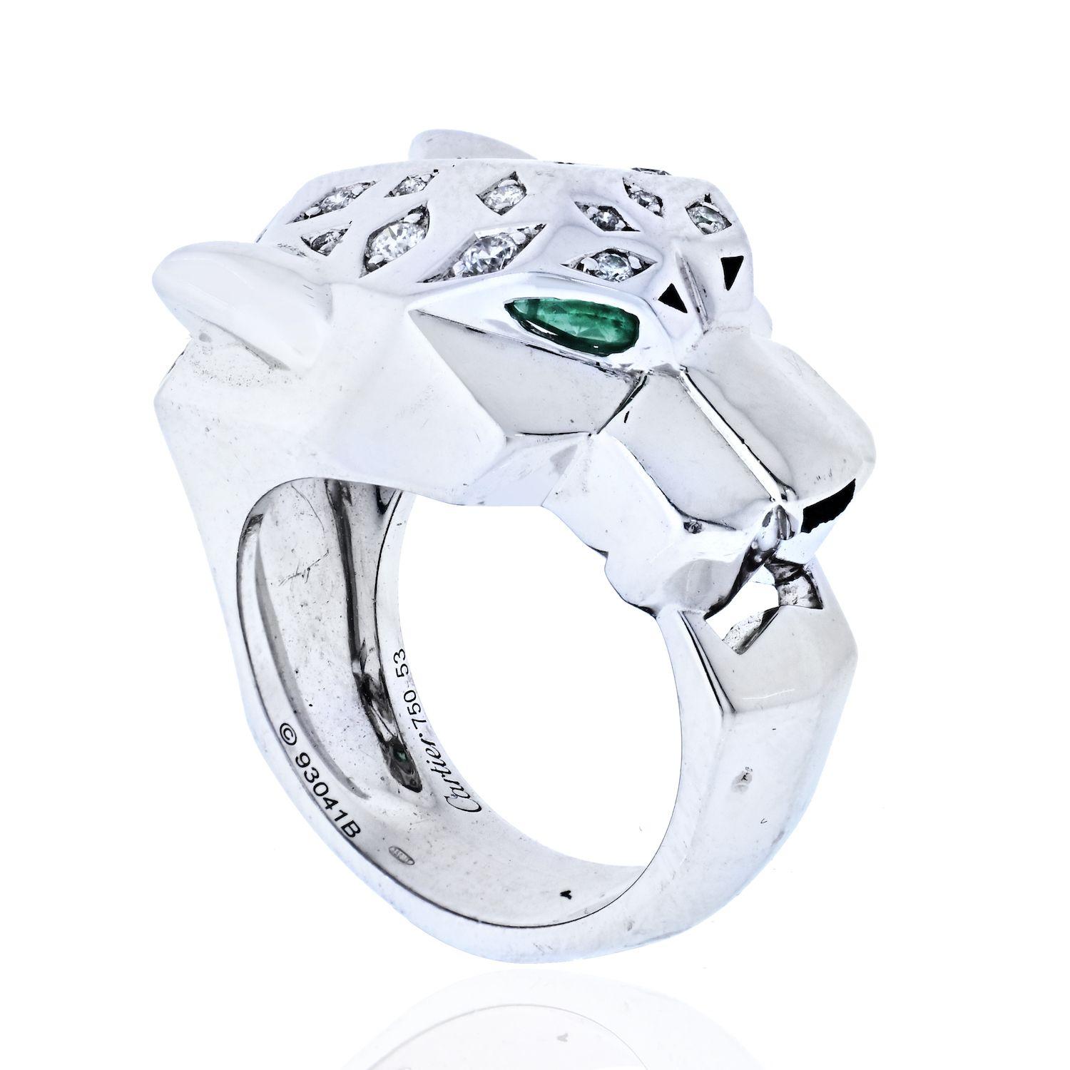 Modern Cartier 18K White Gold Panthere Diamond and Emerald Eyes Ring