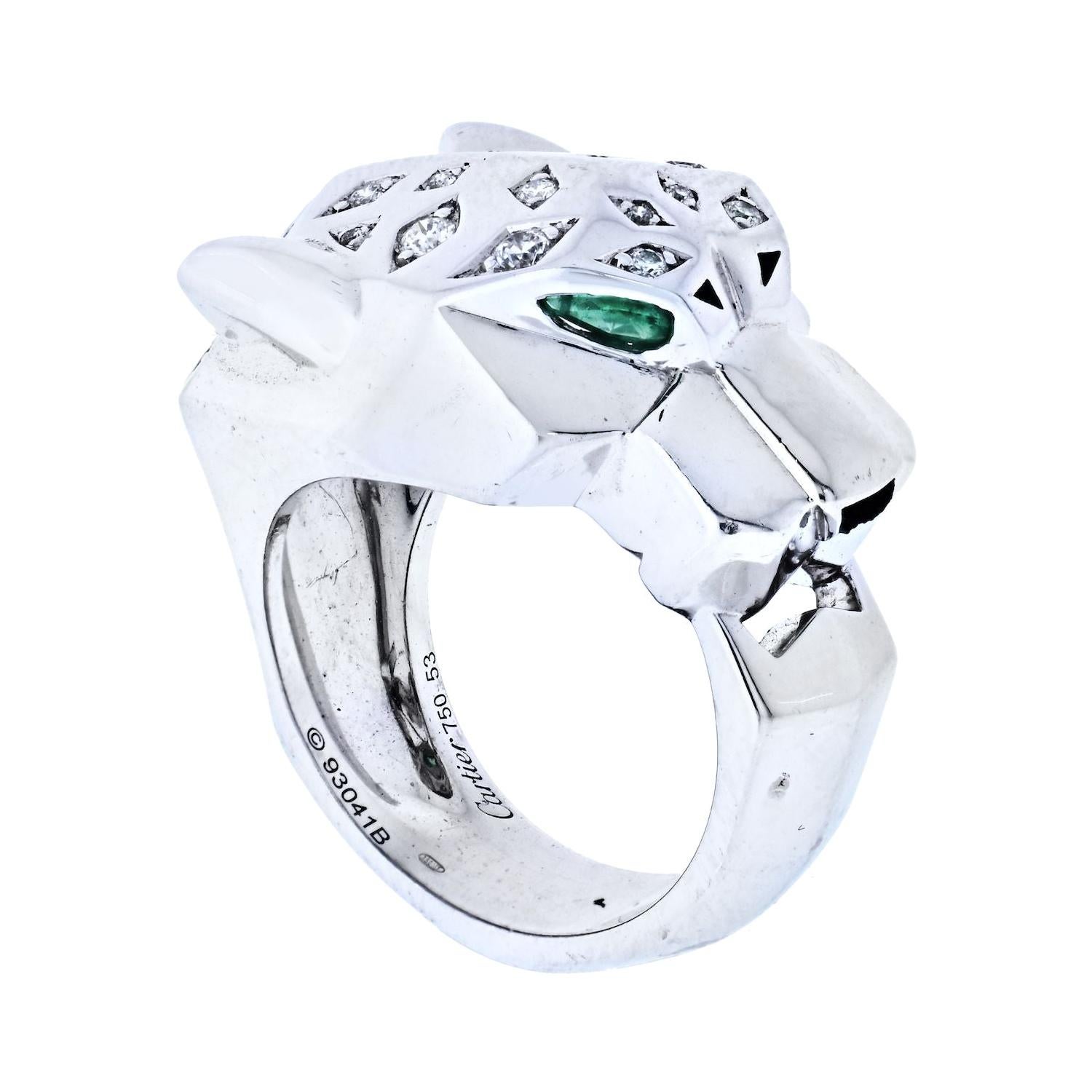 Cartier 18K White Gold Panthere Diamond and Emerald Eyes Ring