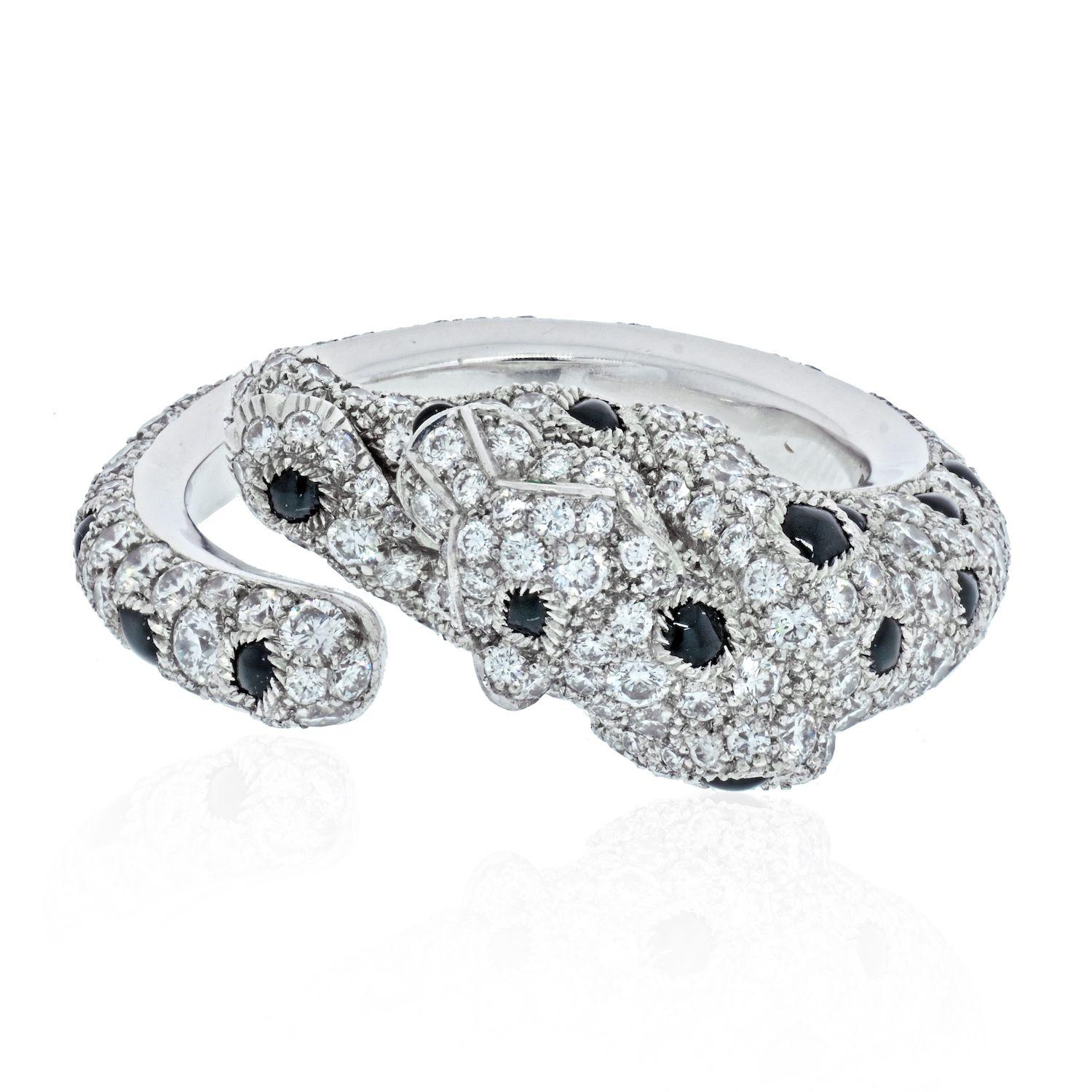 Modern Cartier 18k White Gold Panthere Diamond and Onyx Ring