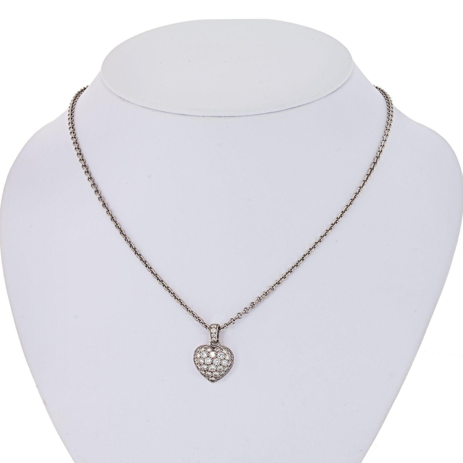 Modern Cartier 18 Karat White Gold Pave Diamond Heart on a Chain Pendant