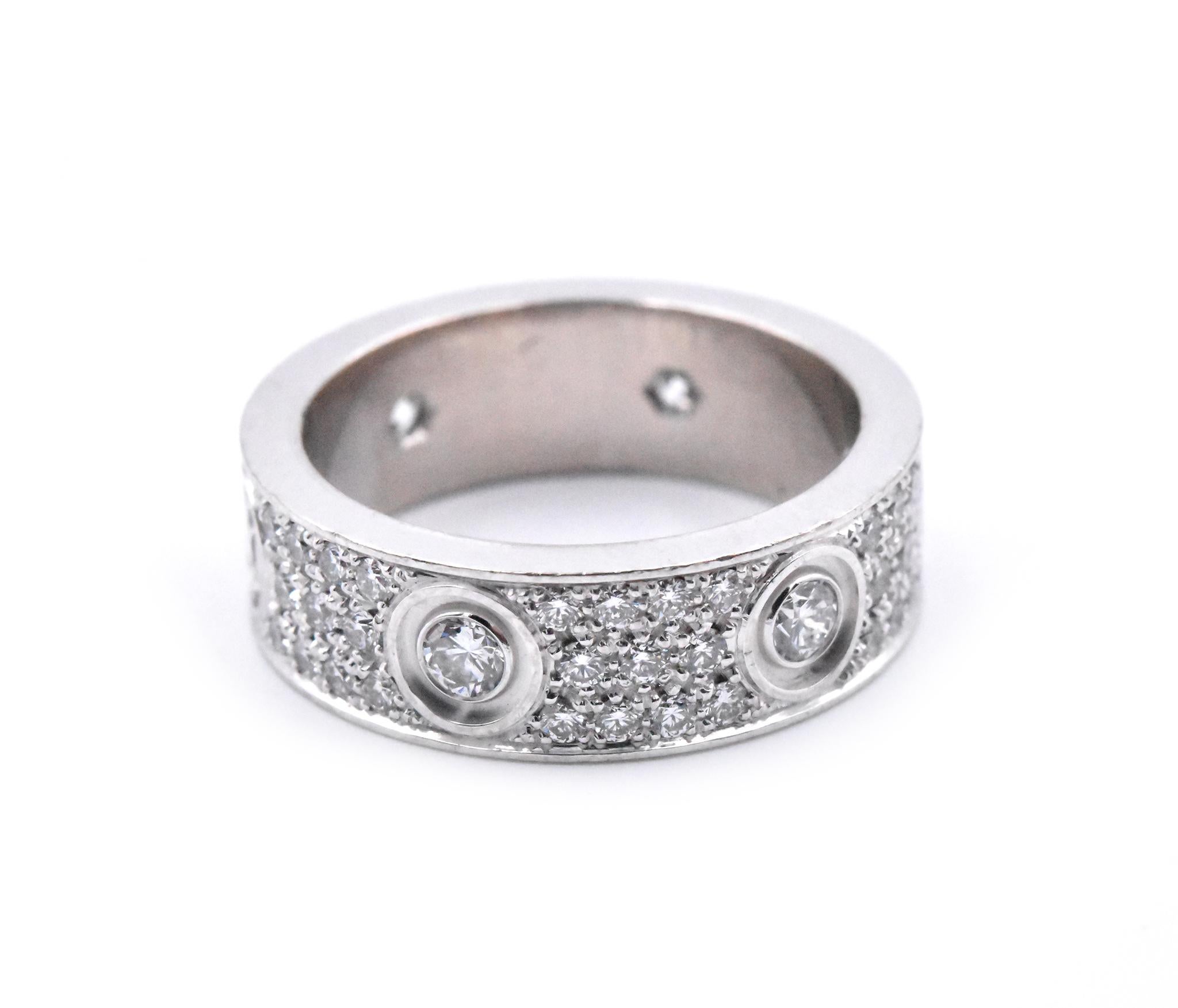 Designer: Cartier
Material: 18k white gold
Ring size: 55 / 7.25
Dimensions: 6.55mm in width
Weight: 10.43 grams

