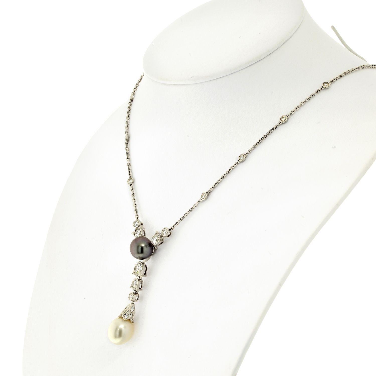 Modern Cartier 18K White Gold Pearl and Diamond Drop Pendant Necklace