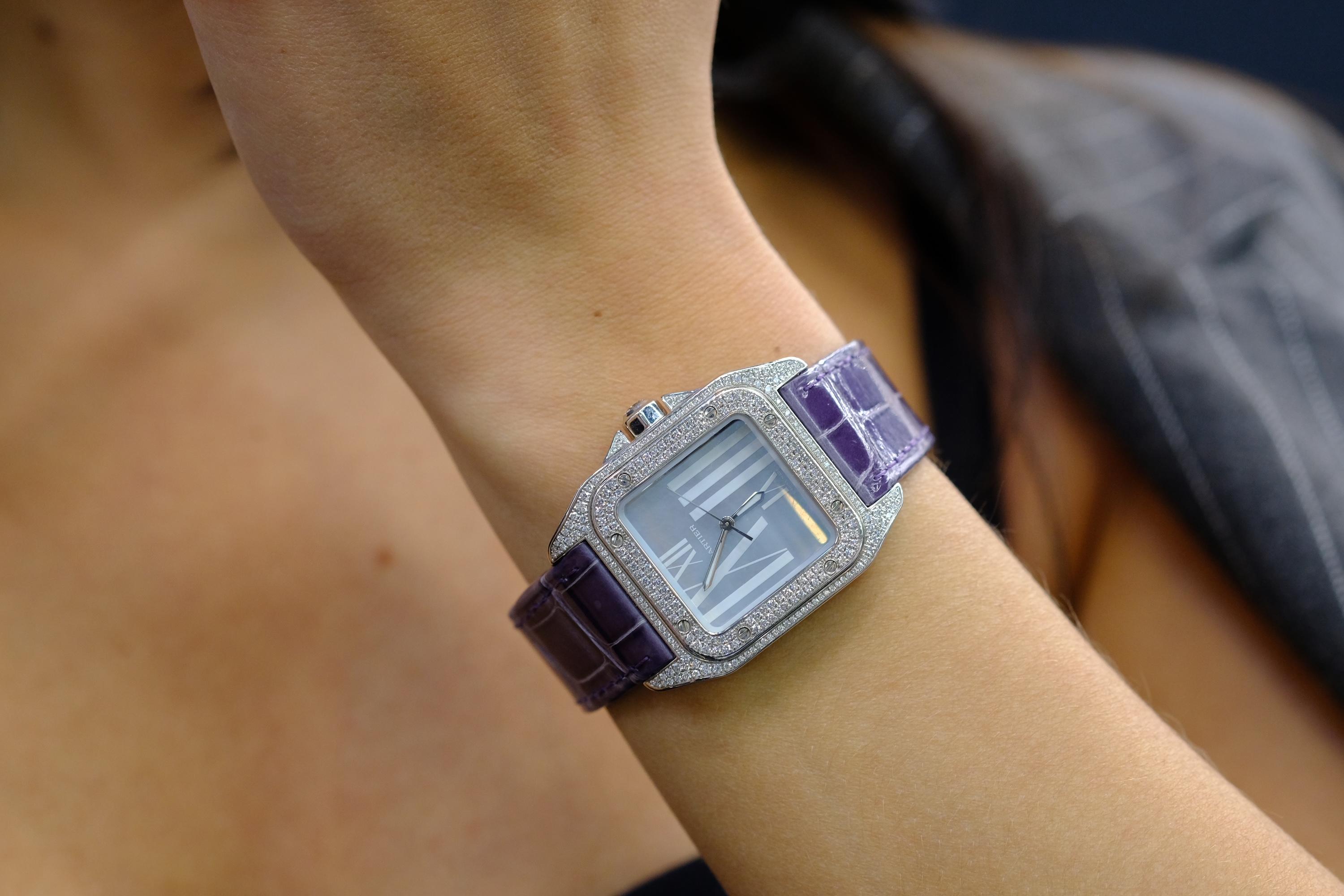 Cartier Montre Santos 100 unisexe en or blanc 18 carats et diamants en vente 5