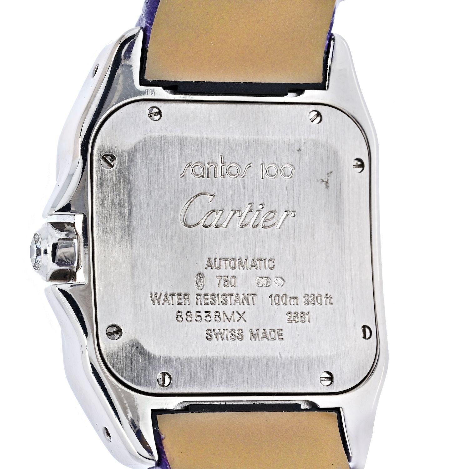 You will fall in love with this beautiful Cartier Santos watch the moment you see it. 
It has everything going for it: diamond bezel, perfect 33mm width of the case, purple leather bracelet, grey and very rare mother of pearl dial. It's a unisex
