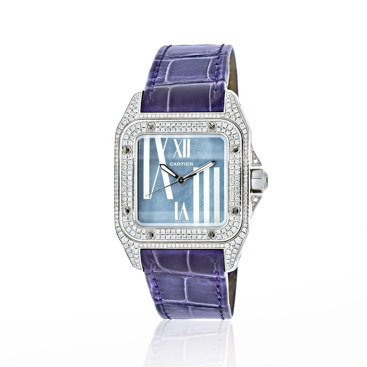 Santos 100 Unisex-Diamant-Uhr von Cartier, 18 Karat Weißgold (Moderne) im Angebot