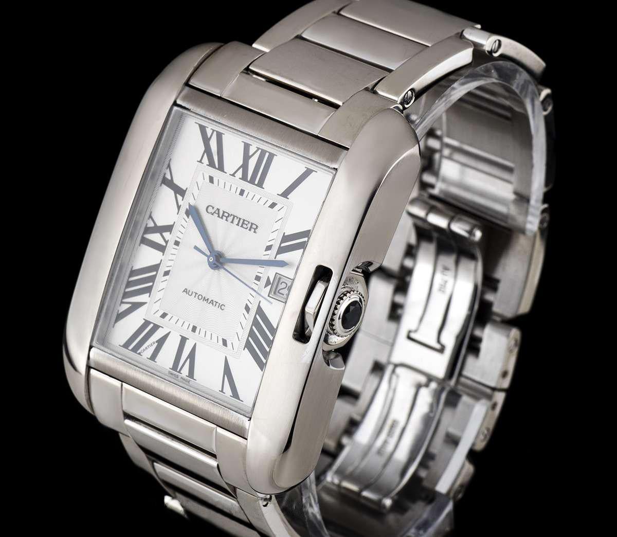 Cartier 18 Karat White Gold Silver Flinque Roman Dial Tank Anglaise XL W5310025 In Excellent Condition In London, GB