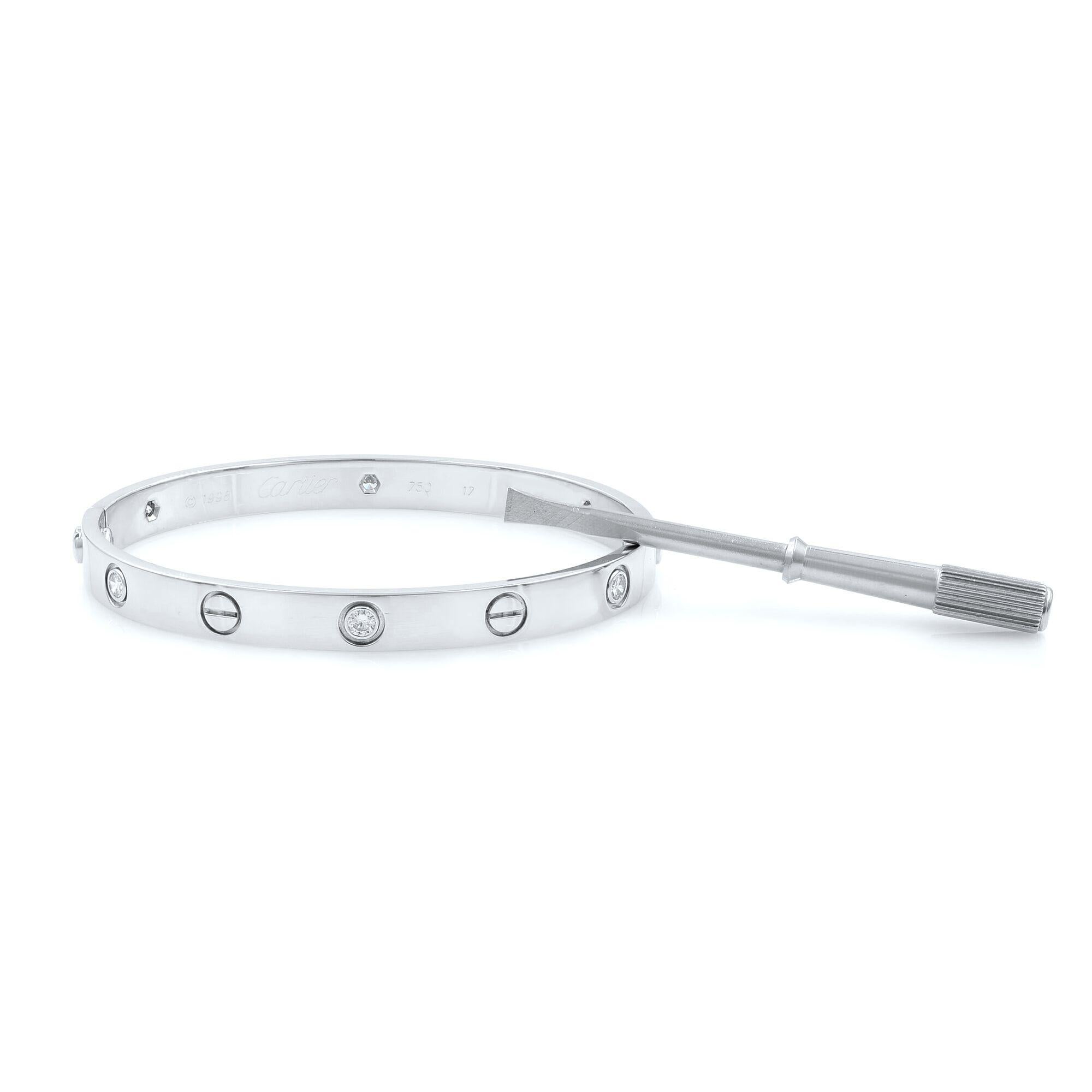 100% Authentic Carier Love Bangle bracelet with 6 diamonds, 18K white gold, Size 17.
Pre-owned, shows some little wear, in a great condition. Been polished. 
Comes with a screw driver. Box, no papers.
