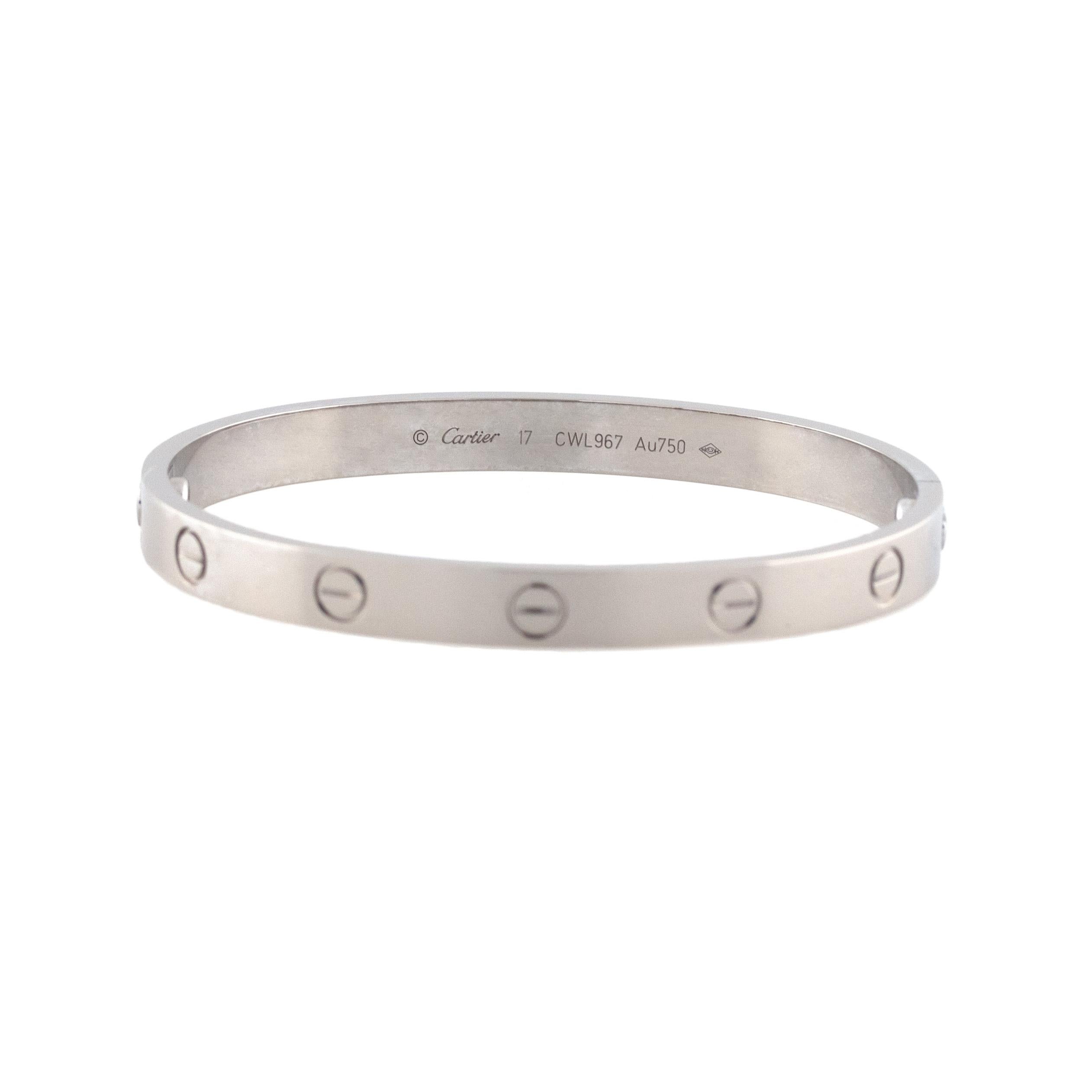 Designer: Cartier
Material: 18k White Gold
Total Weight: 33.9g (21.8dwt)
Bracelet Measurements: Size 17
Clasp Details: Screw - New Style
Additional Details: This item comes with Cartier Service Box
SKU: G9777
