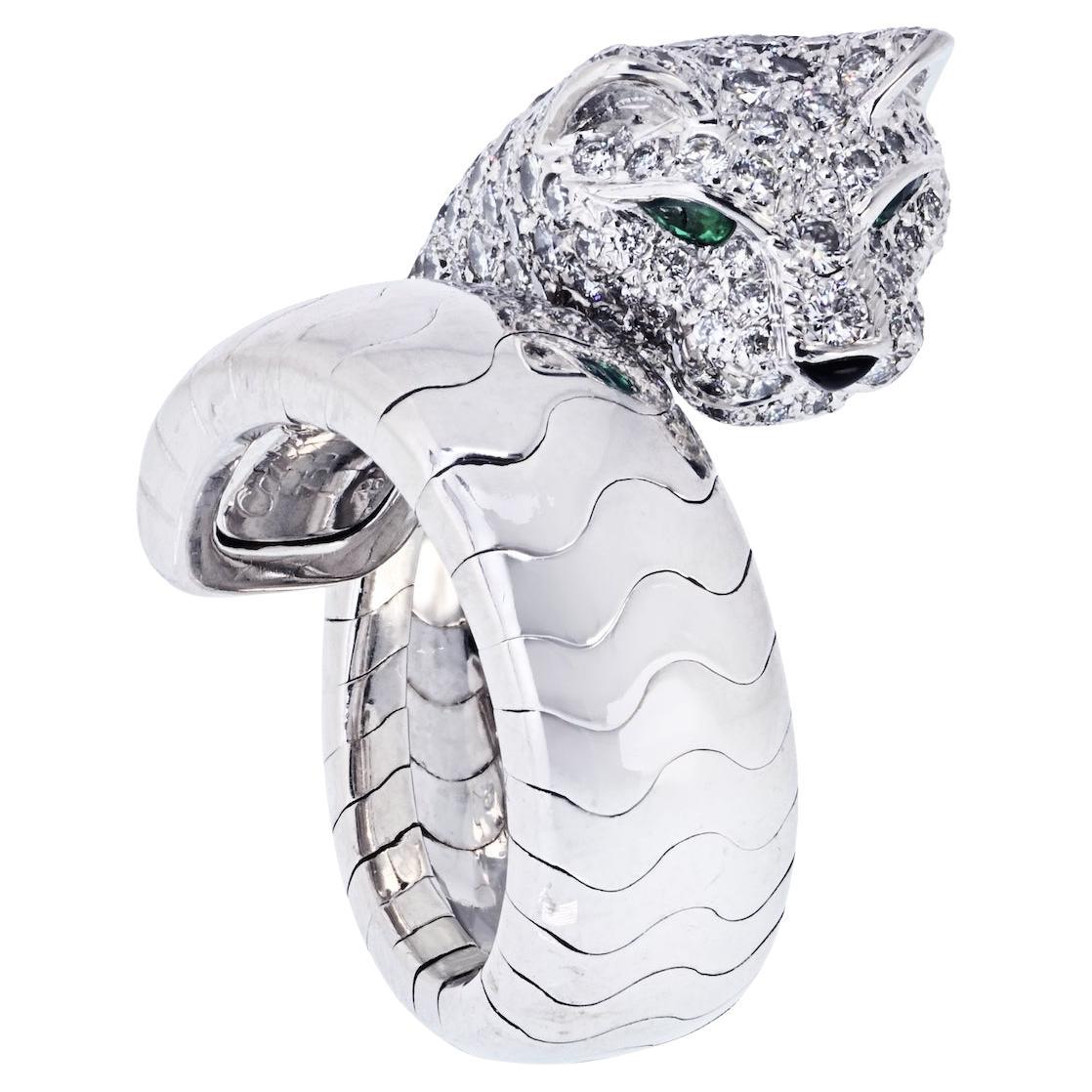 Cartier 18K White Gold Size 7.25 Diamond Panther Wrap Lakarda Ring
