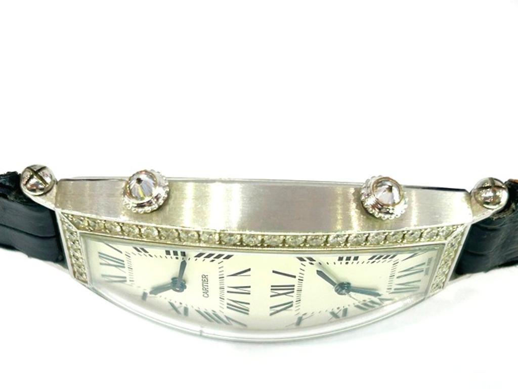 Cartier 18K White Gold Tonneau Dual-Time Diamond Watch For Sale 5