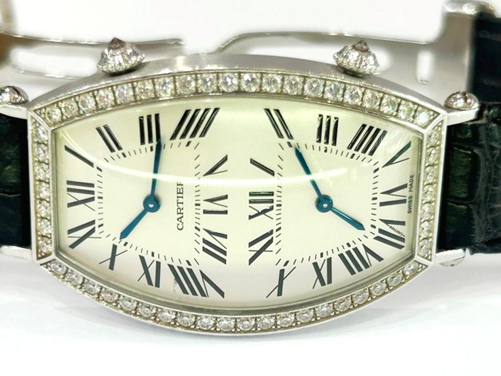 Cartier 18K White Gold Tonneau Dual-Time Diamond Watch For Sale 6