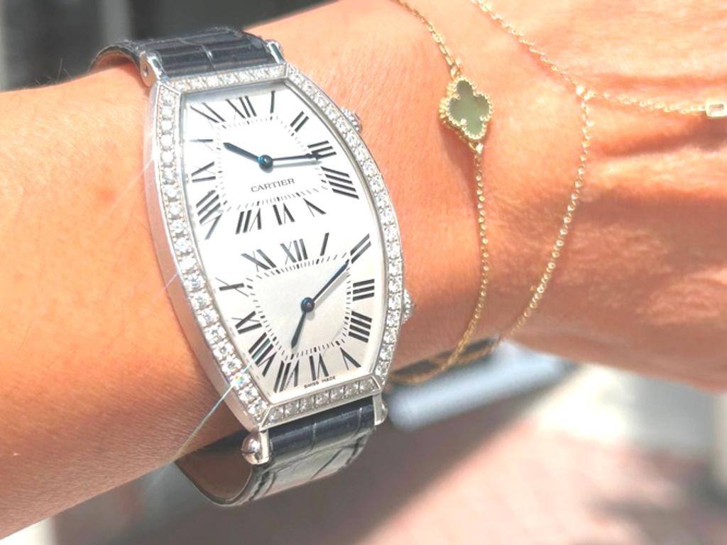 Round Cut Cartier 18K White Gold Tonneau Dual-Time Diamond Watch For Sale
