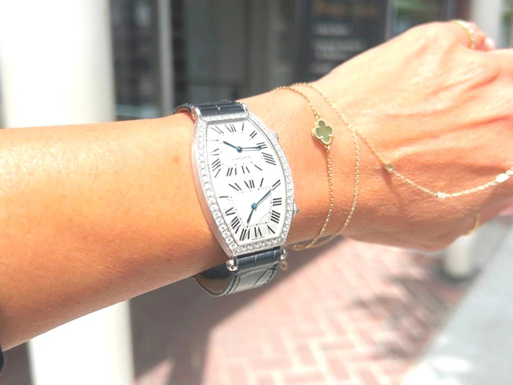 Cartier 18K White Gold Tonneau Dual-Time Diamond Watch In Good Condition For Sale In Beverly Hills, CA