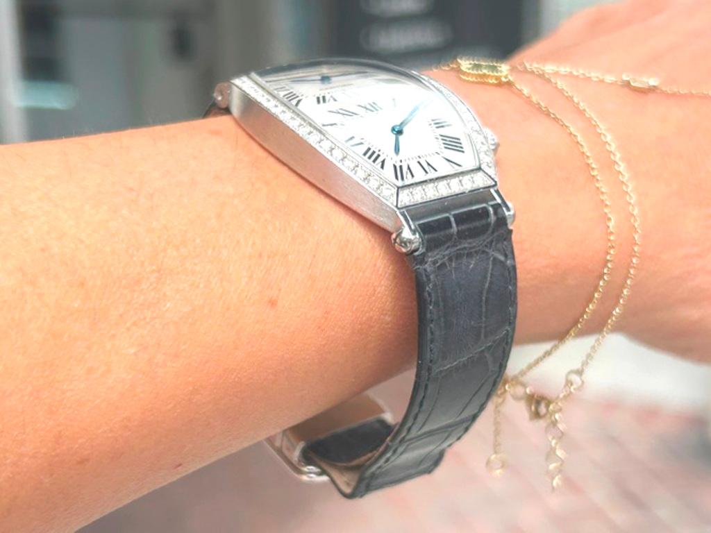 Cartier 18K White Gold Tonneau Dual-Time Diamond Watch For Sale 1