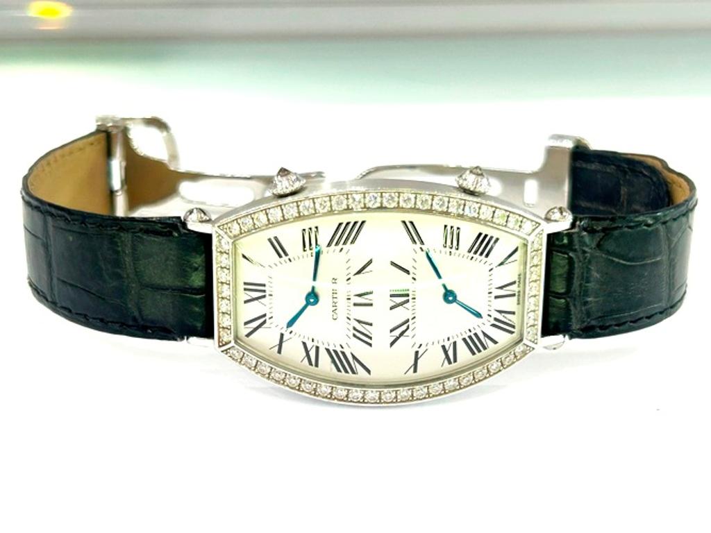 Cartier 18K White Gold Tonneau Dual-Time Diamond Watch For Sale 3