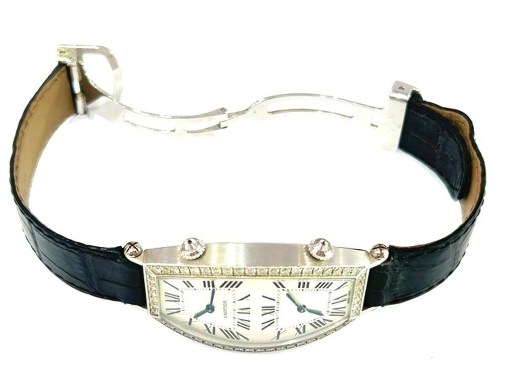Cartier 18K White Gold Tonneau Dual-Time Diamond Watch For Sale 4