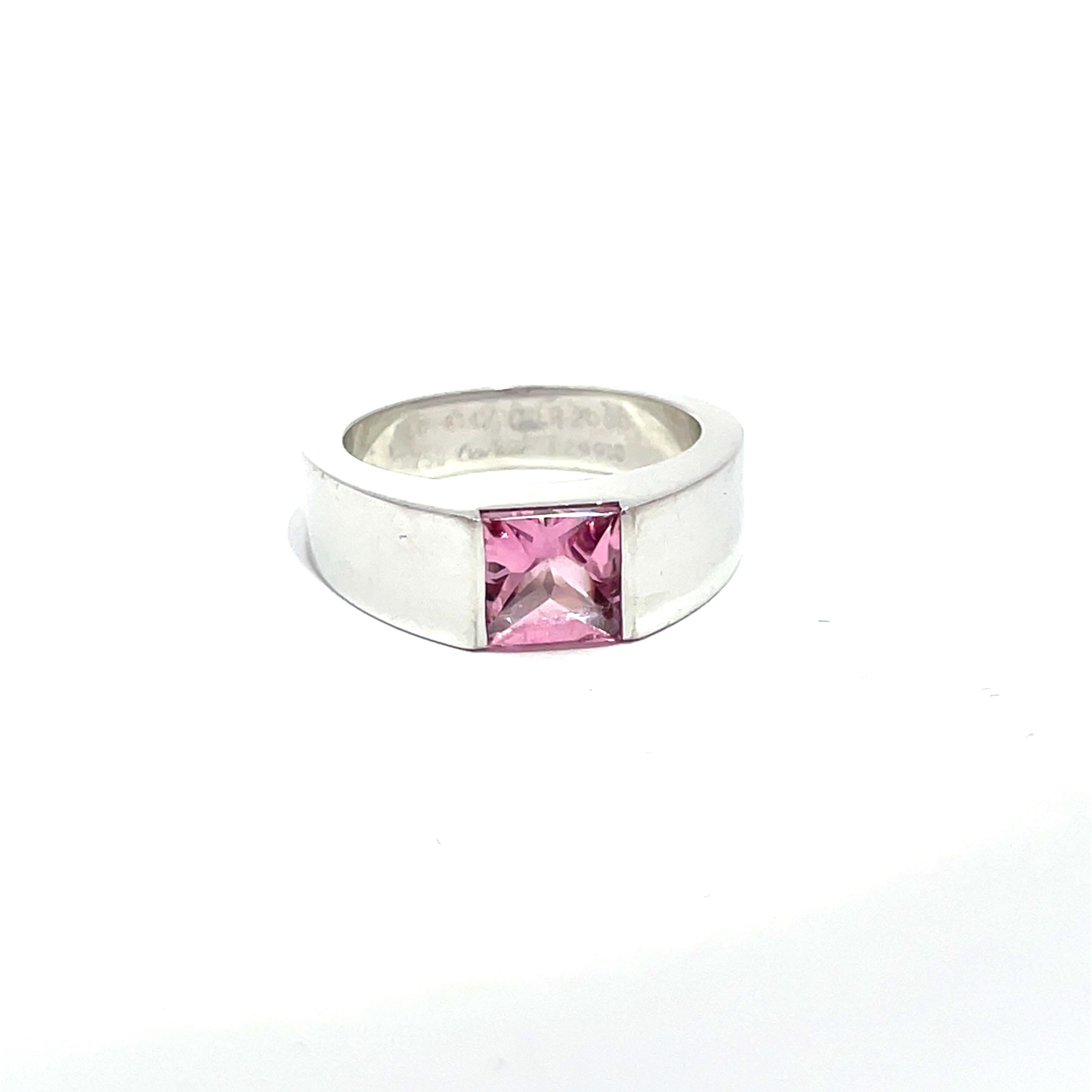 Cushion Cut Cartier 18k White Gold Vintage 1990s Pink Tourmaline Tank Ring For Sale