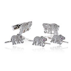 Cartier 18K White Gold Walking Elephants Diamond Shirt Studs and Cuff Links