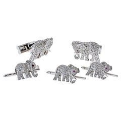 Cartier 18K White Gold Walking Elephants Diamond Shirt Studs and Cuff Links