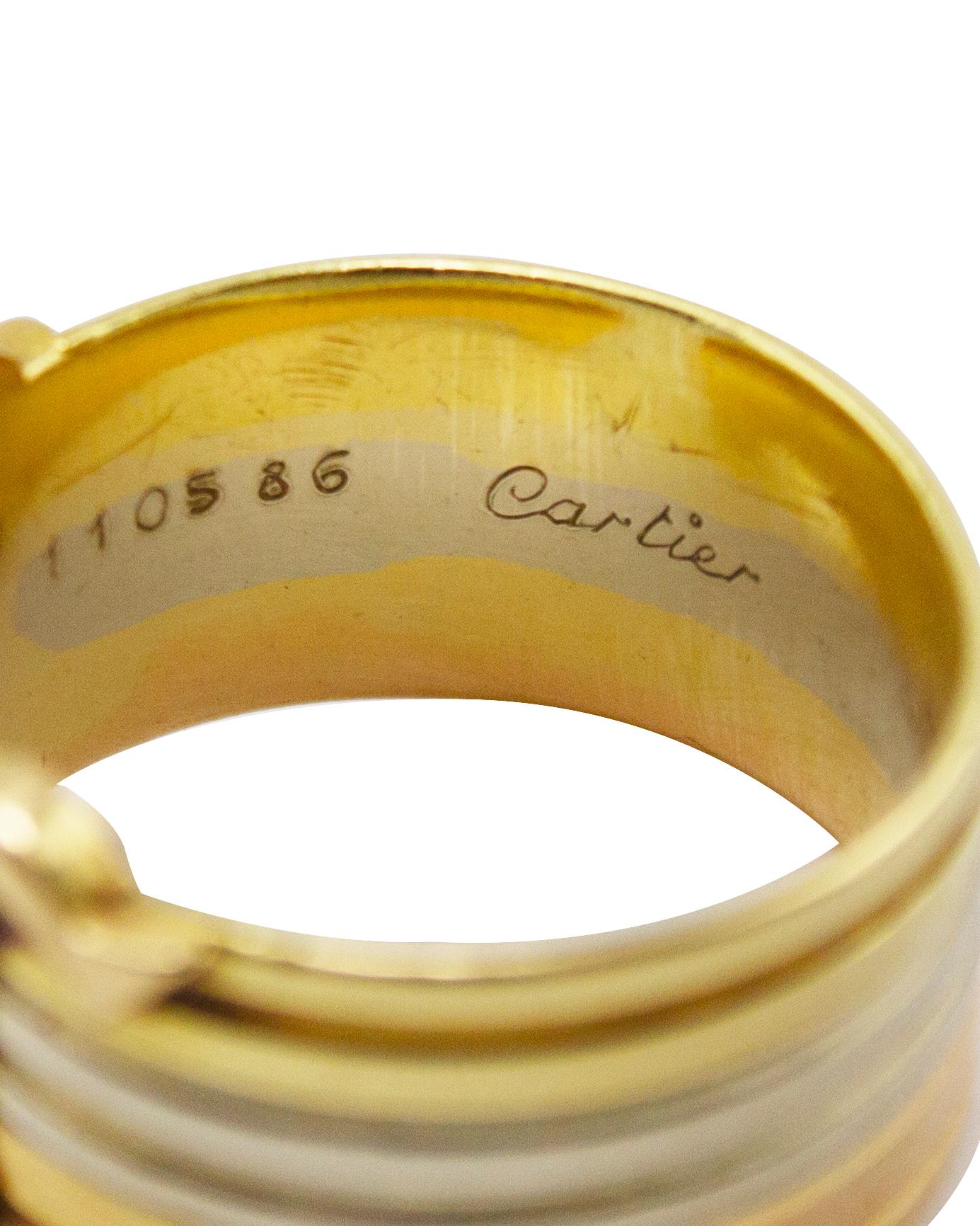 Cartier 18K White, Yellow & Rose Gold Double C Cigar Band Ring In Good Condition In Toronto, Ontario