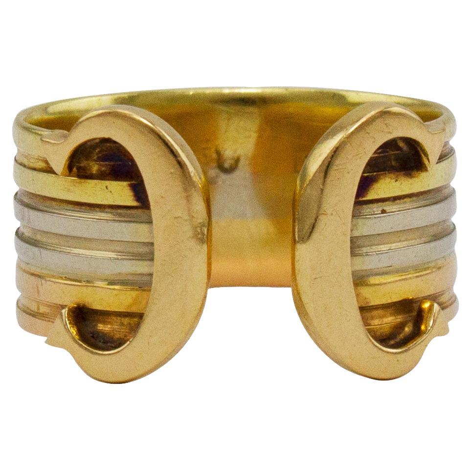 Cartier 18K White, Yellow & Rose Gold Double C Cigar Band Ring
