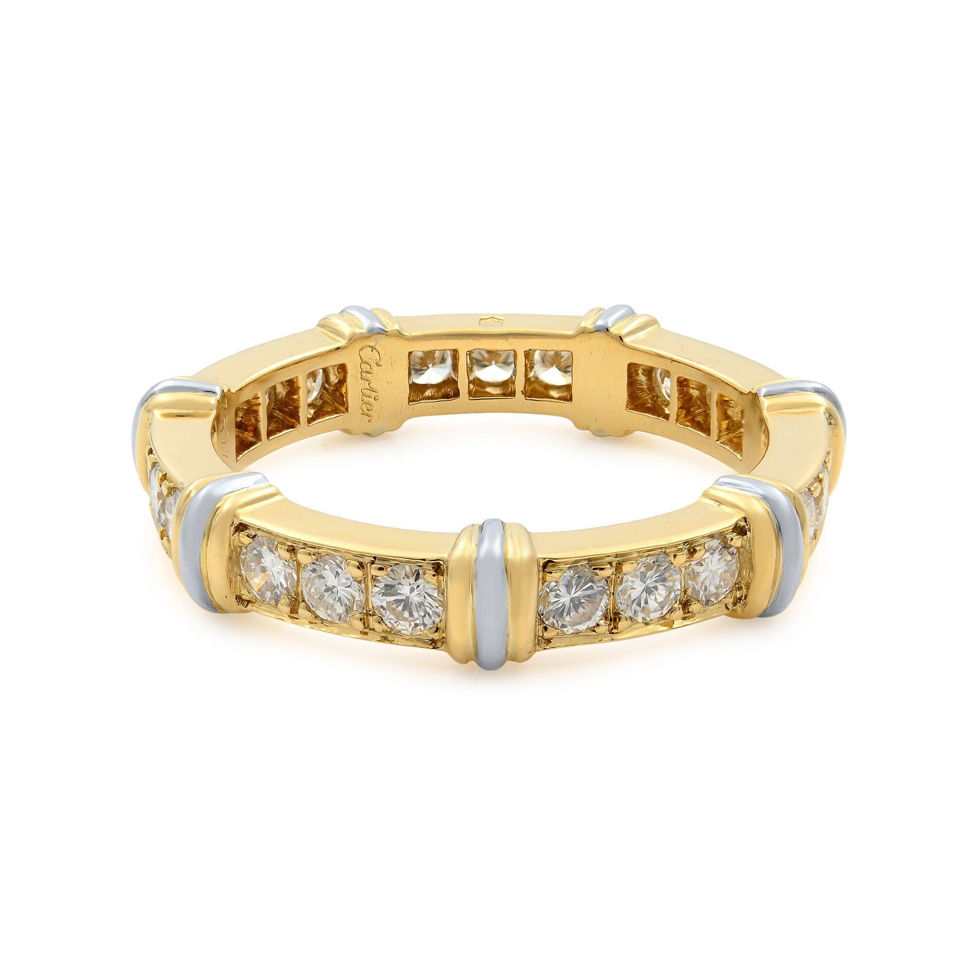 Cartier Vintage two-tone diamond eternity band ring. This ring is made from solid 18Kt yellow and white gold. Set with beautiful white round cut natural diamonds, F-G color and VS clarity. Total carat weight: 0.63cts. Size: US 7. Hallmarked: