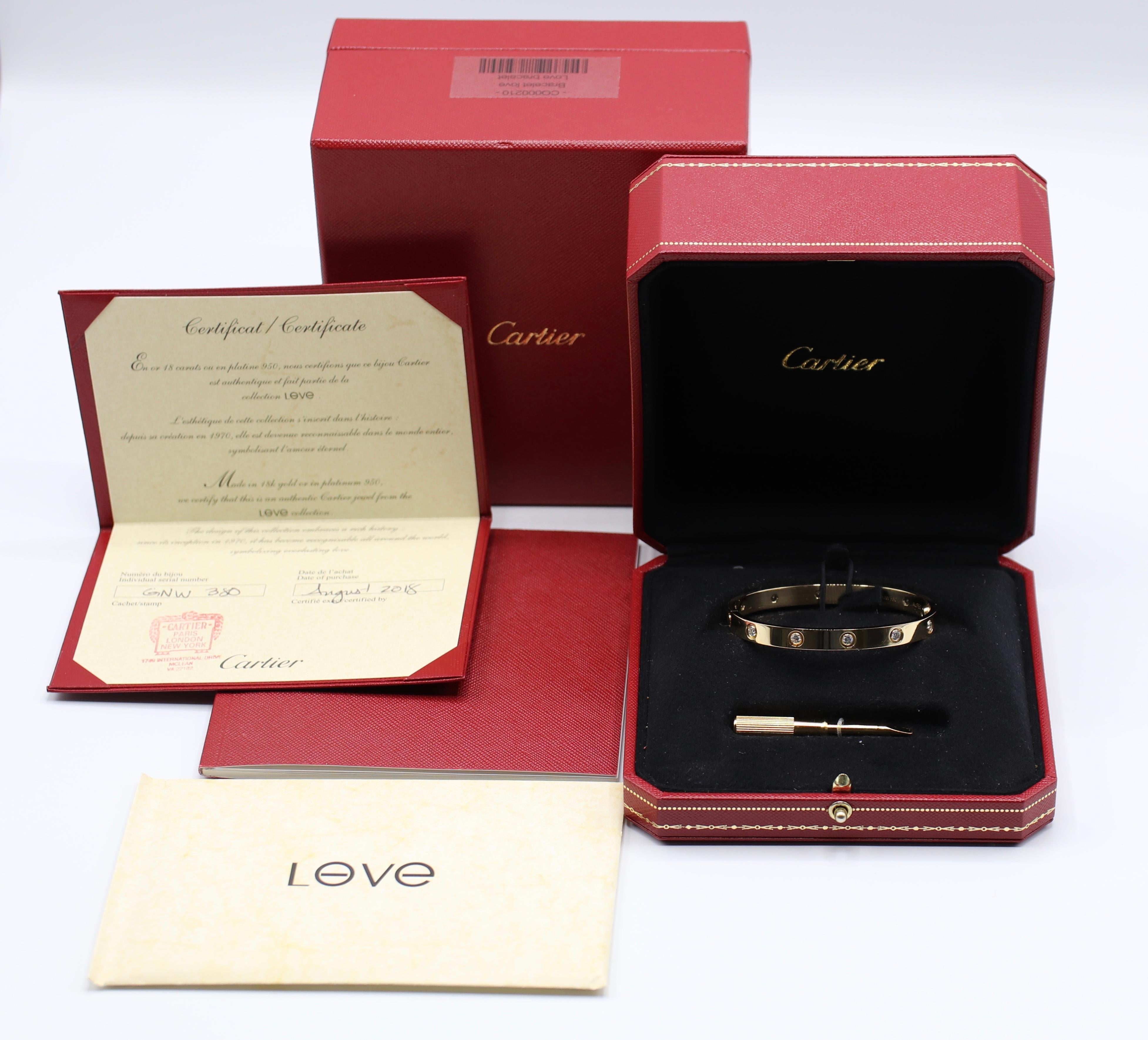 Cartier 18 Karat Yellow Gold 10 Diamond Love Bracelet Box and Papers Size 17 3