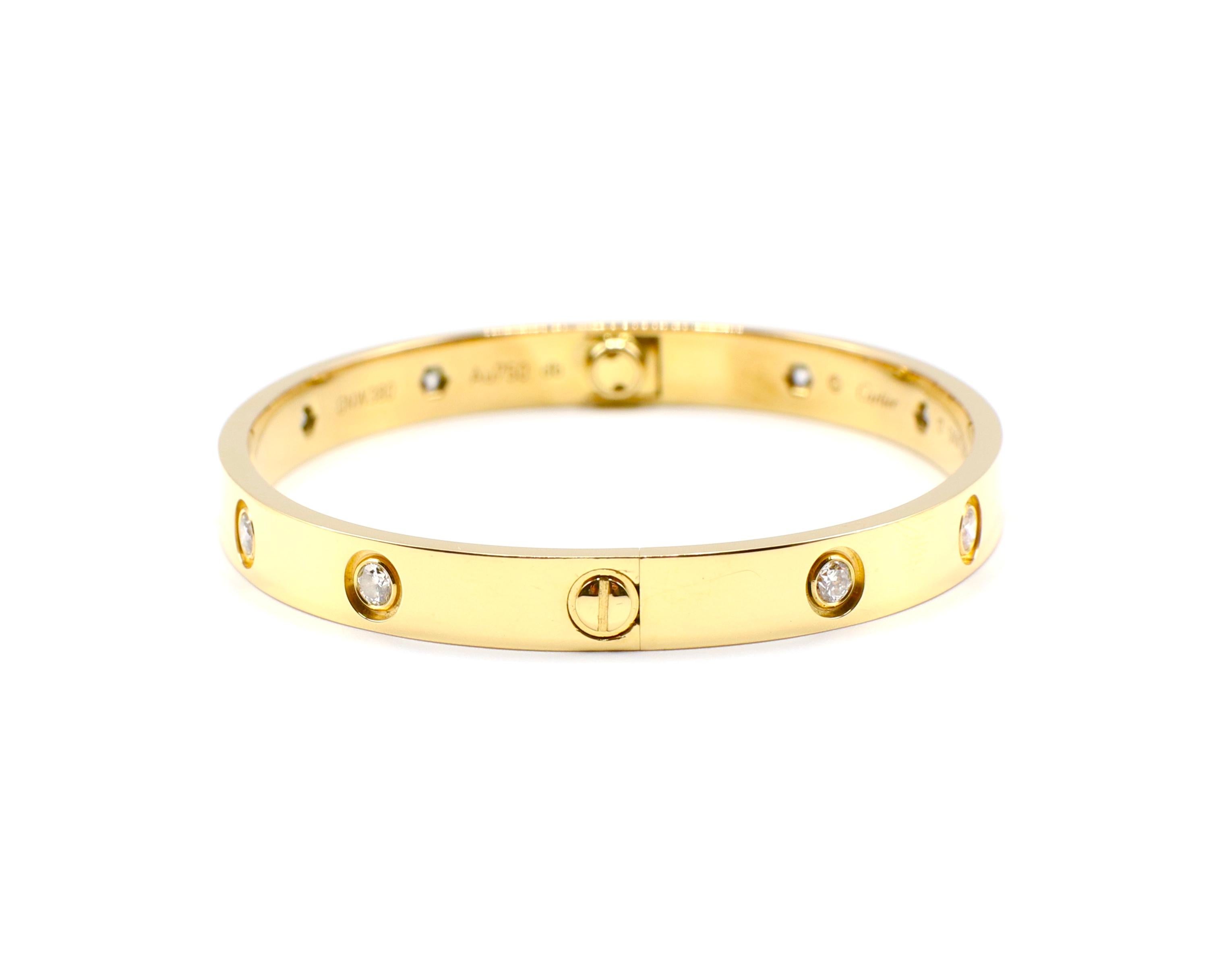 Cartier 18K Yellow Gold 10 Diamond Love Bracelet Size 17 Box & Papers

Metal: 18K Yellow Gold 750
Weight: 31.41 grams
10 Round Brilliant Cut Diamonds, .96 ctw G VS 
Size 17
Width: 6.1mm
Includes screwdriver, Cartier box, and papers & booklet as