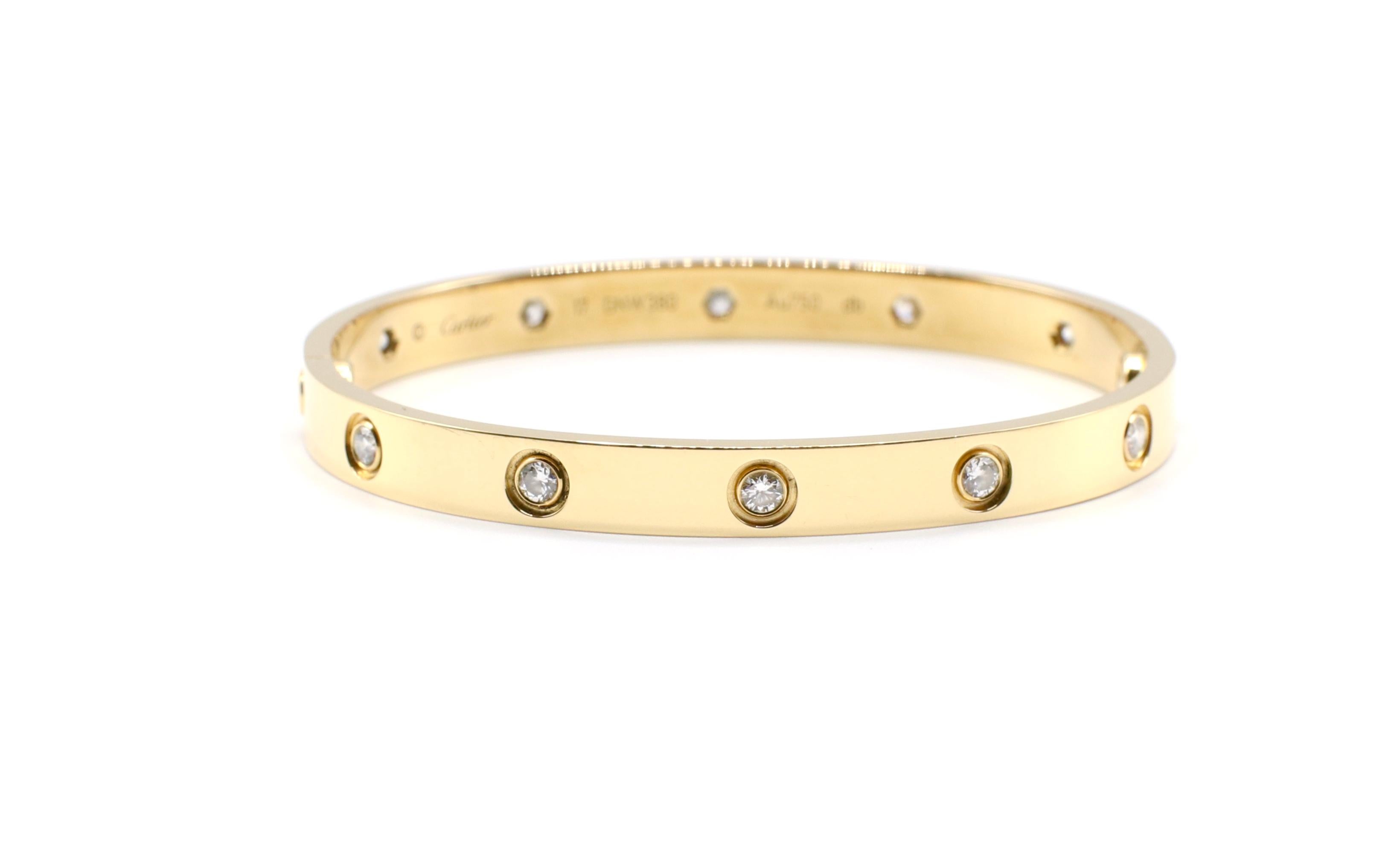 Contemporary Cartier 18 Karat Yellow Gold 10 Diamond Love Bracelet Box and Papers Size 17