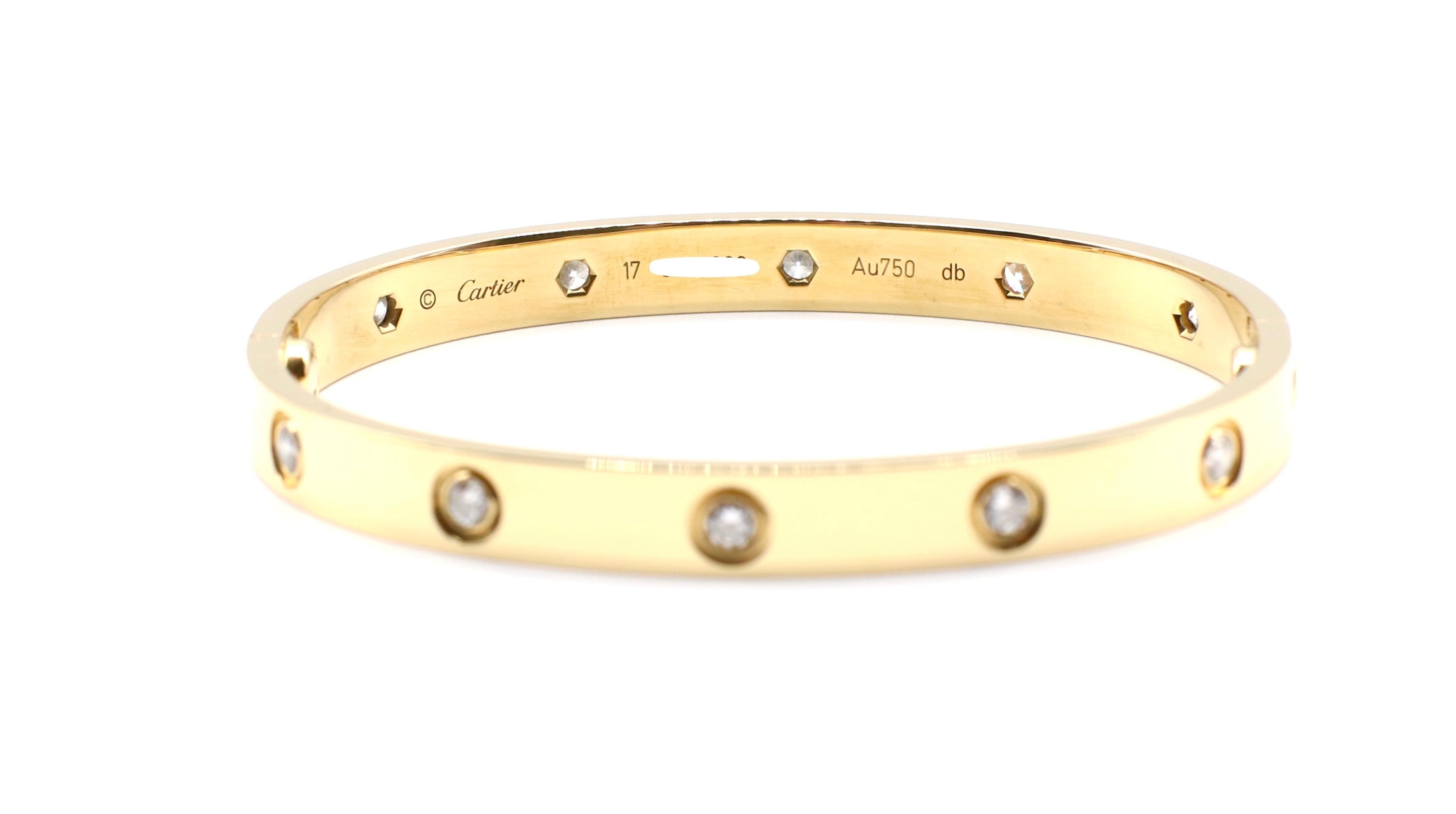 Cartier 18 Karat Yellow Gold 10 Diamond Love Bracelet Box and Papers Size 17 In Good Condition In  Baltimore, MD