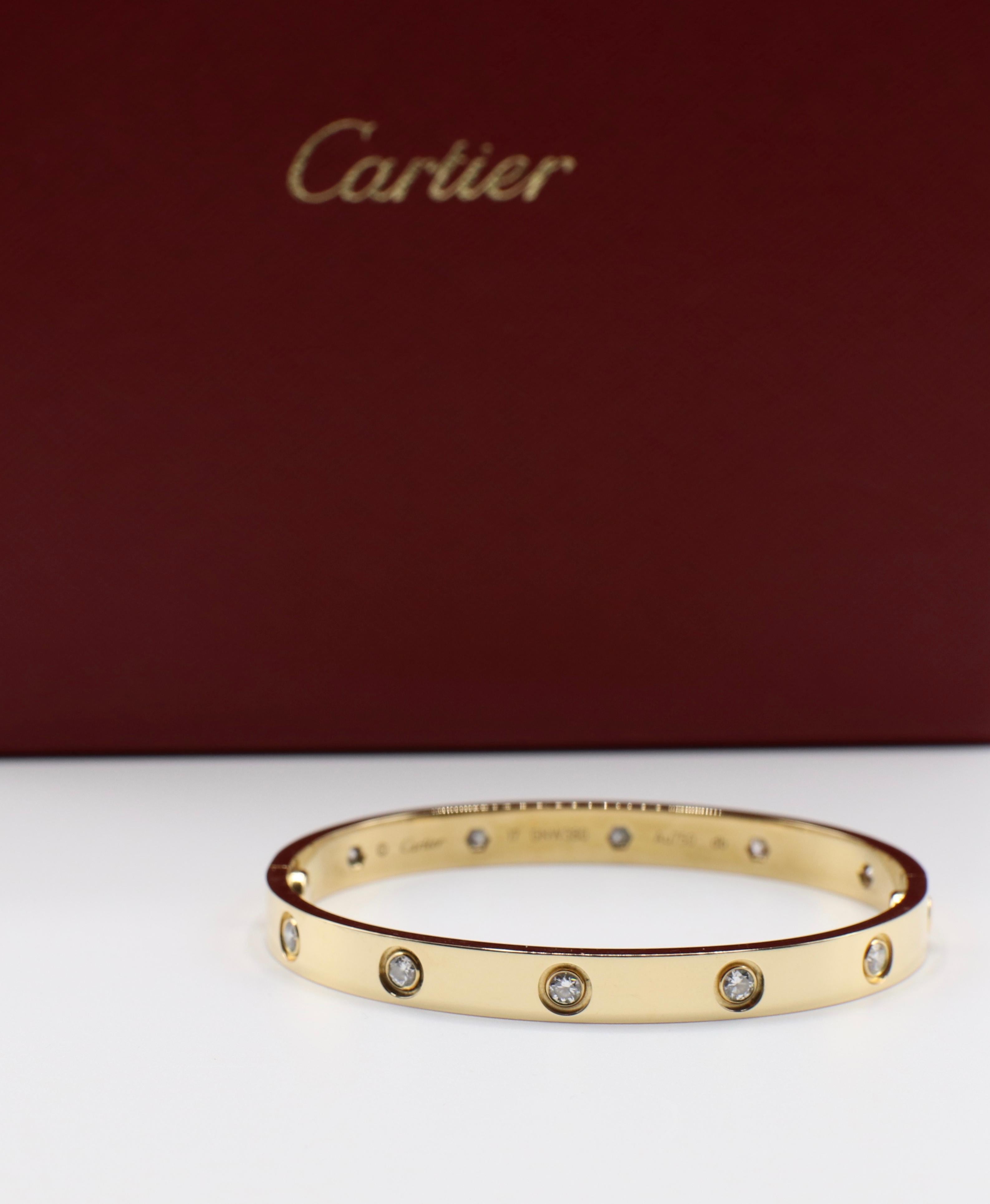 Women's or Men's Cartier 18 Karat Yellow Gold 10 Diamond Love Bracelet Box and Papers Size 17